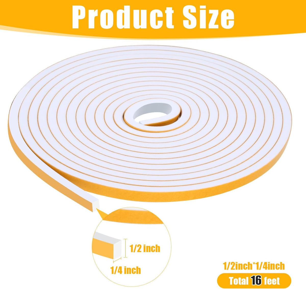 16Feet Weather Stripping Seal (1/2 Inch X 1/4 Inch) for Door Window, High Density Foam Tape