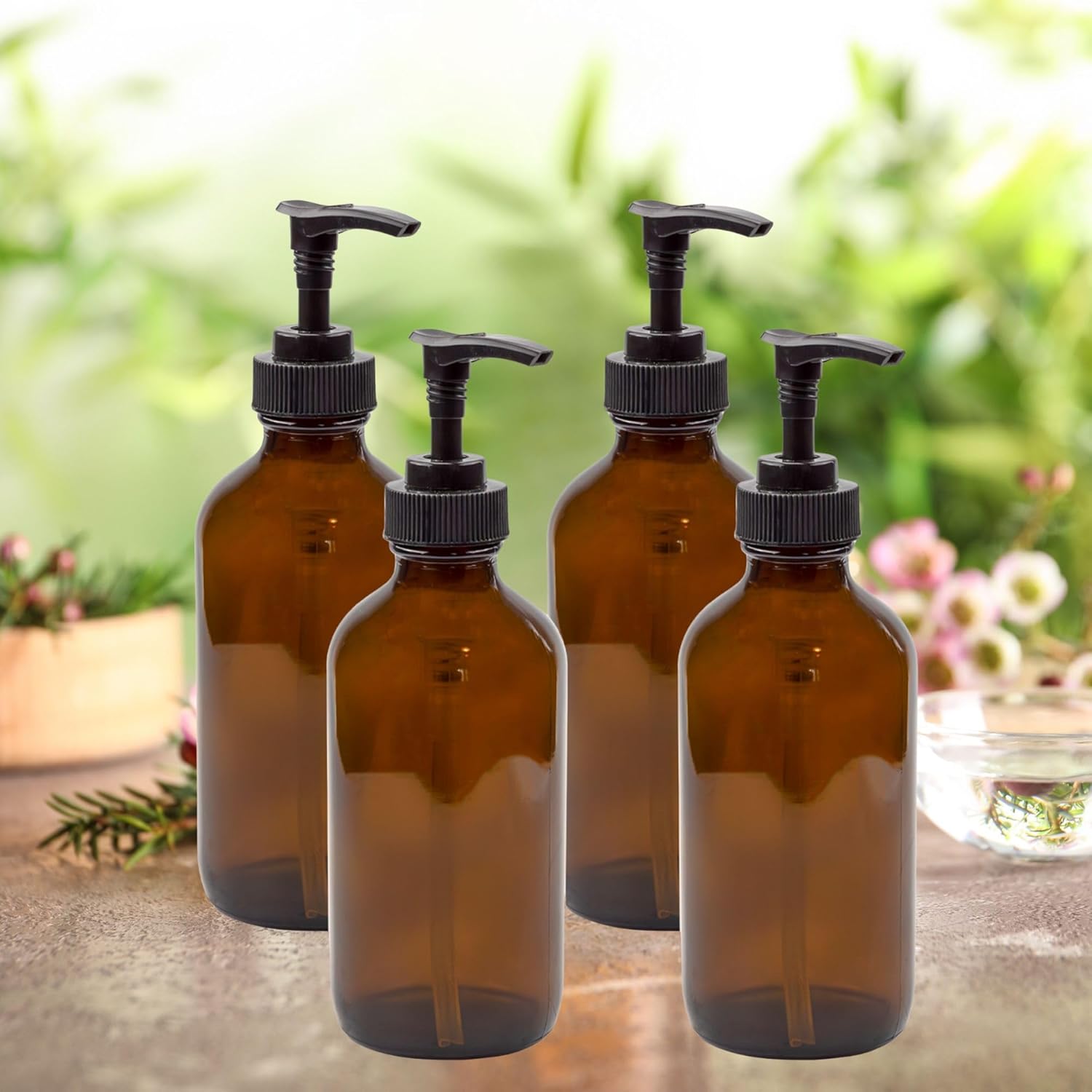 Cornucopia 8oz Glass Pump Bottles (4-Pack, Amber Brown), Lotion Soap Dispensers w/Black Plastic