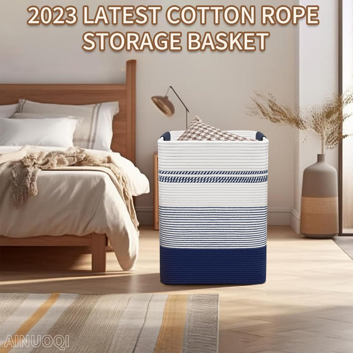 Large Laundry Basket - Tall Woven Rope Laundry Hamper with Leather Handles - Dirty Clothes hamper
