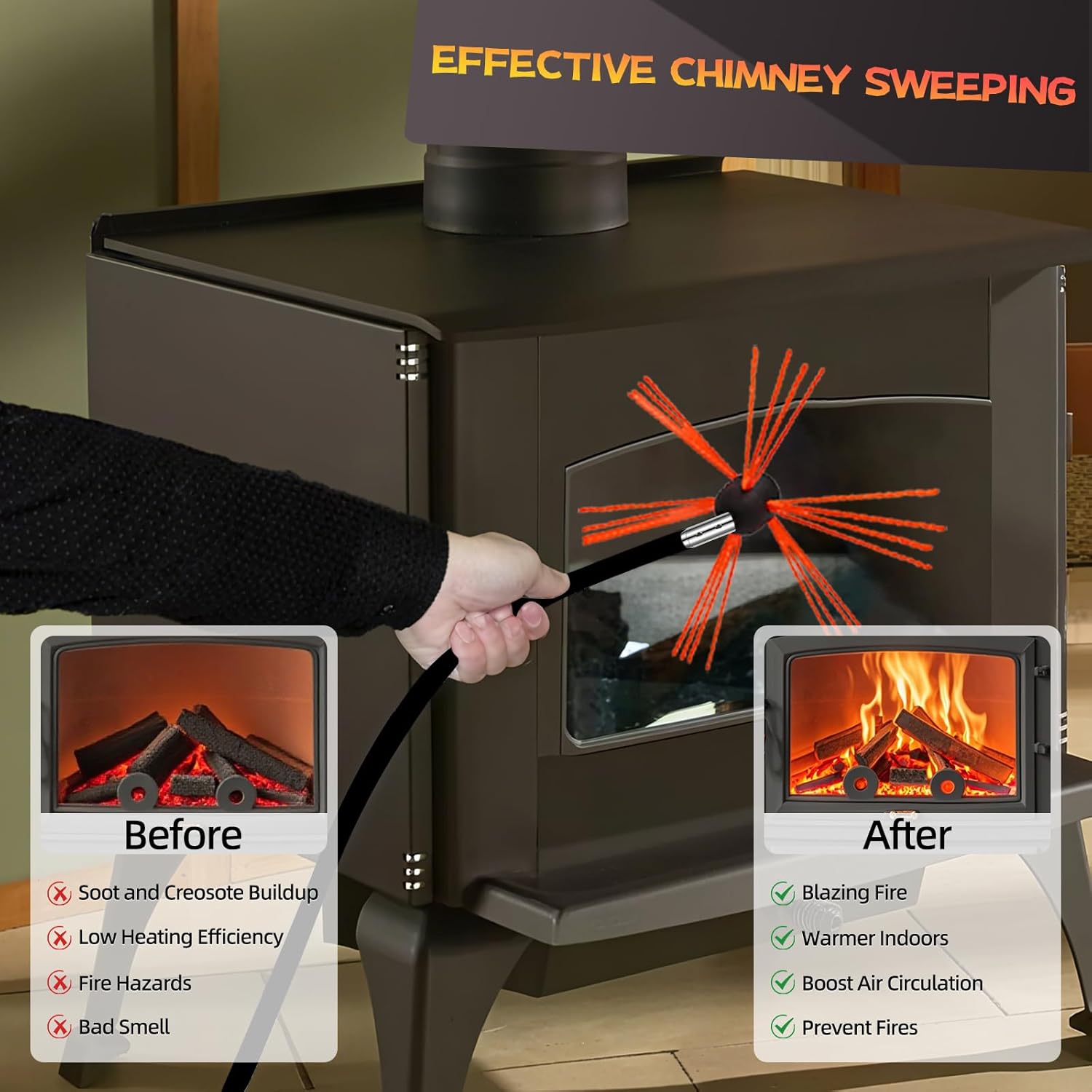 20 Feet Chimney Sweep Kit, Chimney Cleaning Kit with 6 Flexible Black Chimney Rods, Chimney Brush