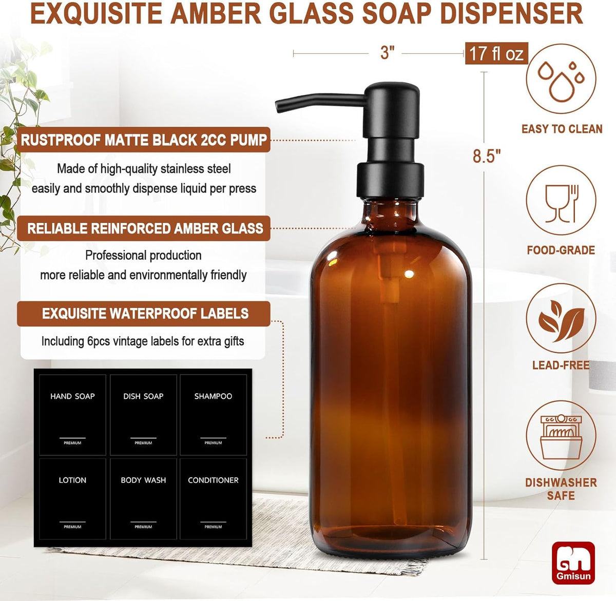 GMISUN Amber Glass Soap Dispenser, 2 Pack Bathroom Hand Soap Dispensers with Stainless Steel Pump