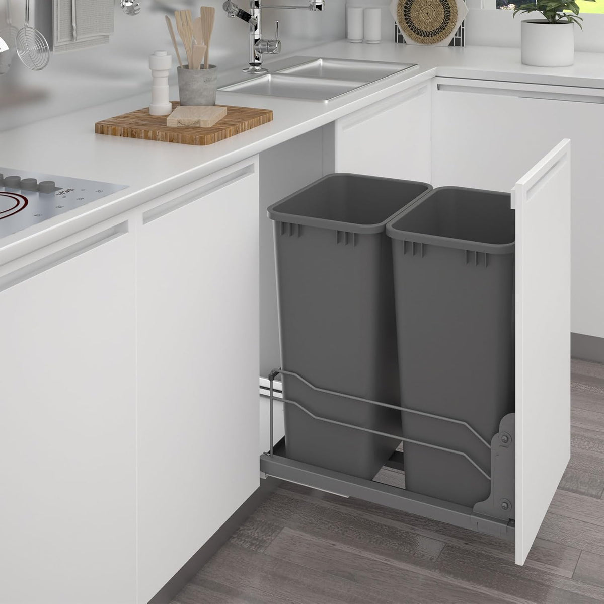 Rev-A-Shelf Pullout Dual Trash Cans for Full Height Kitchen Garbage Cabinet 50 Quart 12.5 Gallon