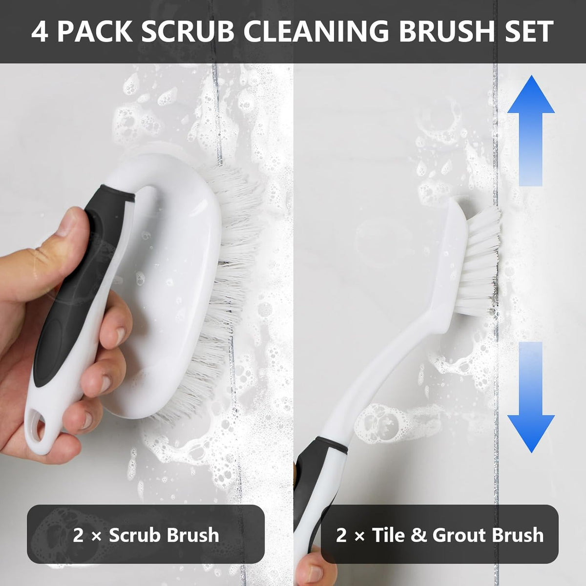 Scrub Brush Set, 4 Pack Deep Cleaning Brush Kit - 2 Scrub Brush, 2 Tile & Grout Brush with Built-in