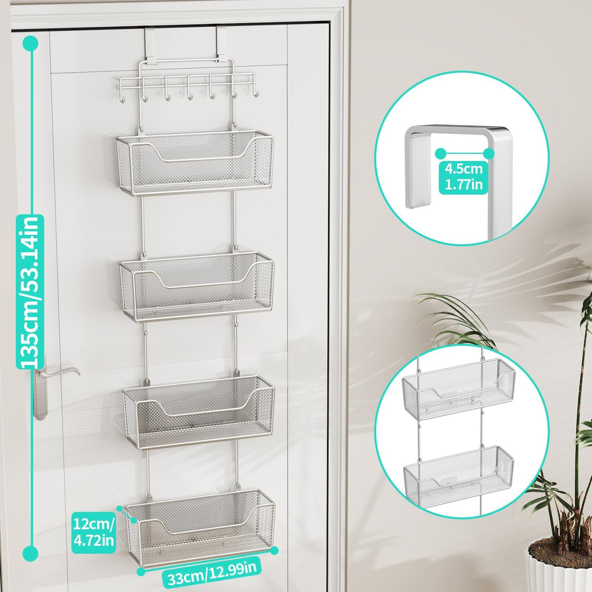 HapiRm Over The Door Organizer - Hanging Door Organizer with 4 Metal Large Capacity Baskets and