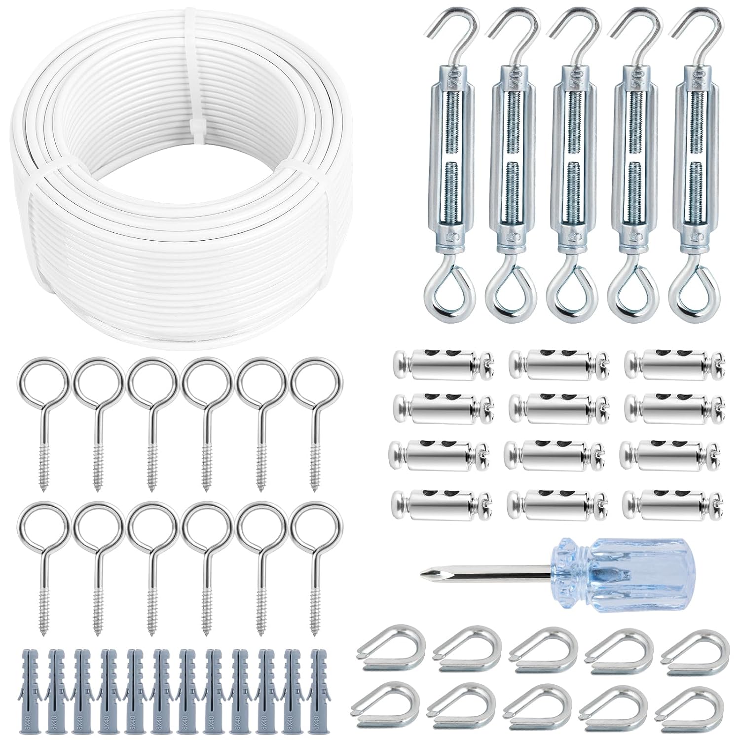 Turnbuckles for Cables Wire, 1/8" X 100Ft White PVC Coated Wire Rope Kit, Multi-use Steel Cable for