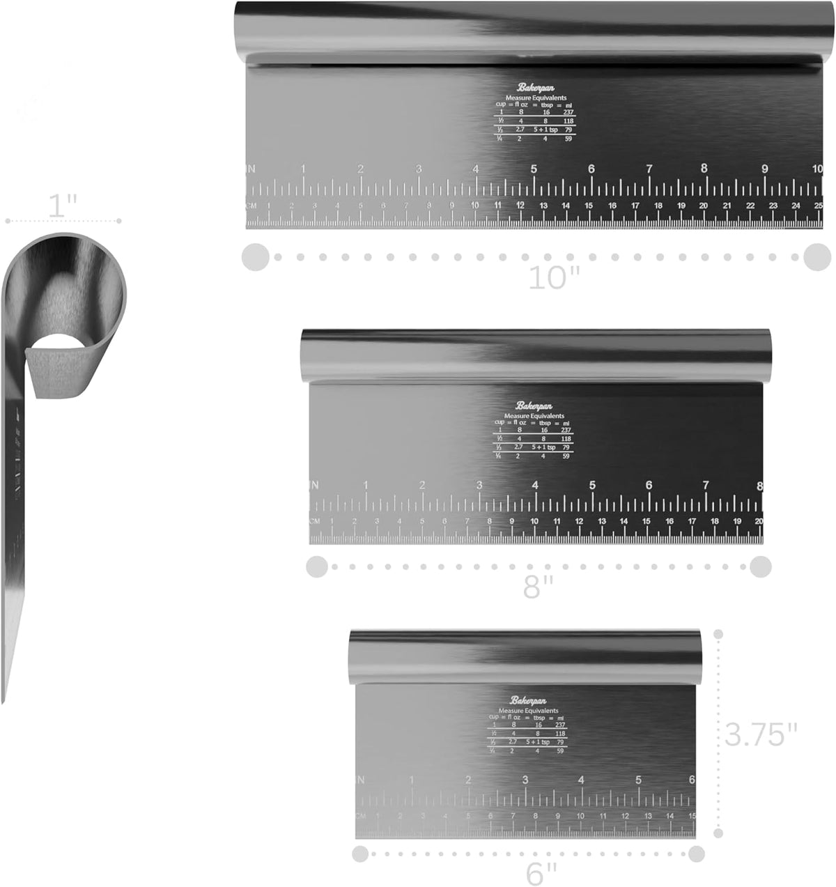 Bakerpan Stainless Steel Heavy Duty Dough Cutter, 3 Size Set - Metal Bench Scraper Kitchen