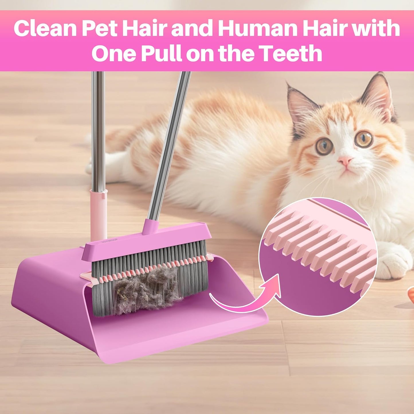 JOYMOOP Pink Broom and Dustpan Set, Upright Angle with Built-in Comb Teeth for Kitchen, Lobby, Pet