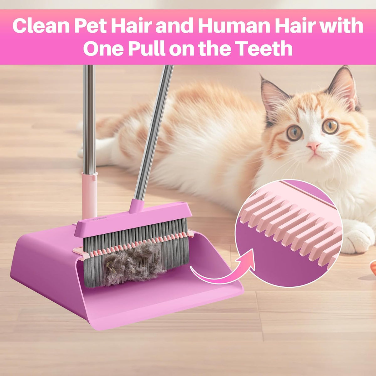 JOYMOOP Pink Broom and Dustpan Set, Upright Angle with Built-in Comb Teeth for Kitchen, Lobby, Pet