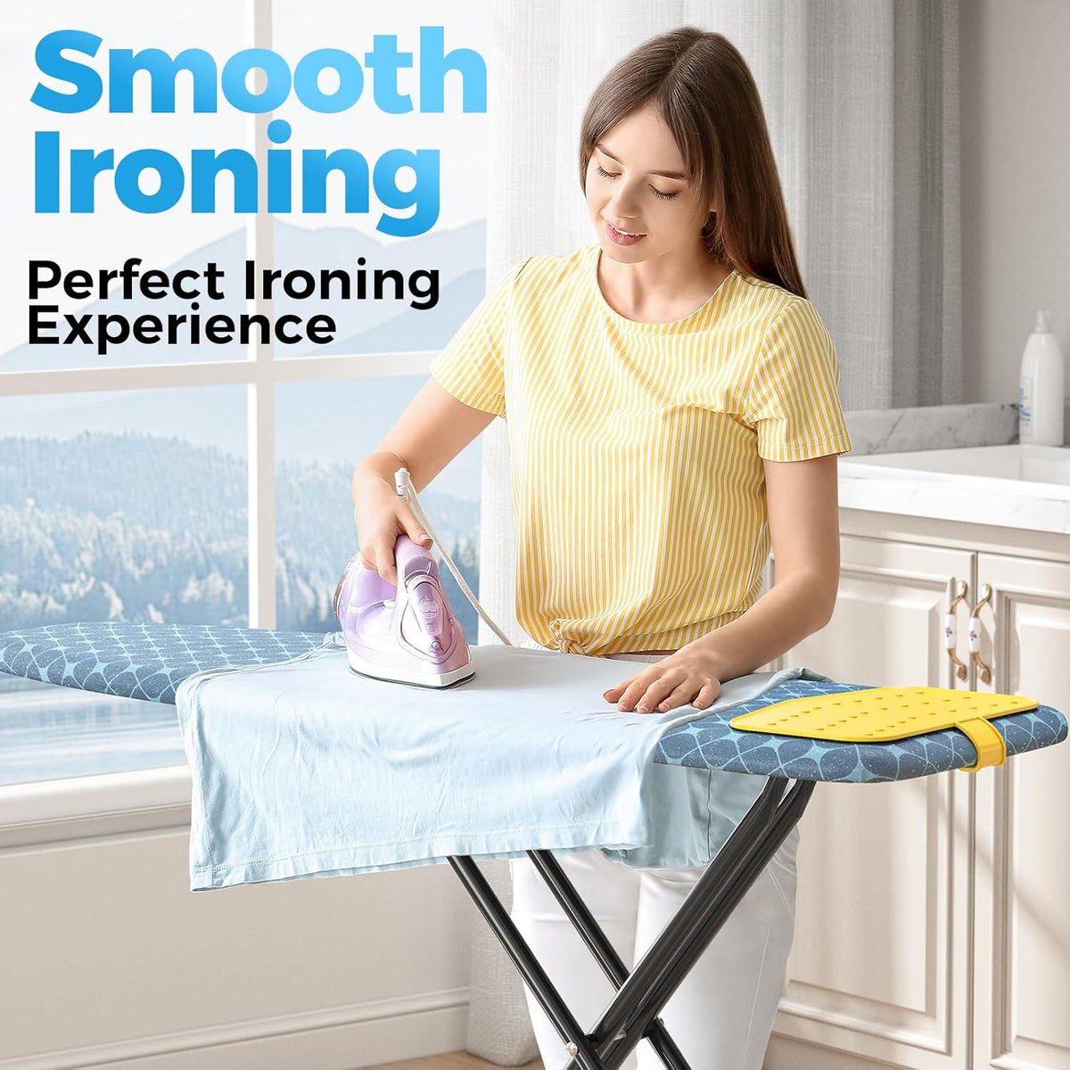 KINGBOARD Ironing Board, Compact Iron Board with Silicon Iron Mat, Heat Resistant Cover, 7 Height
