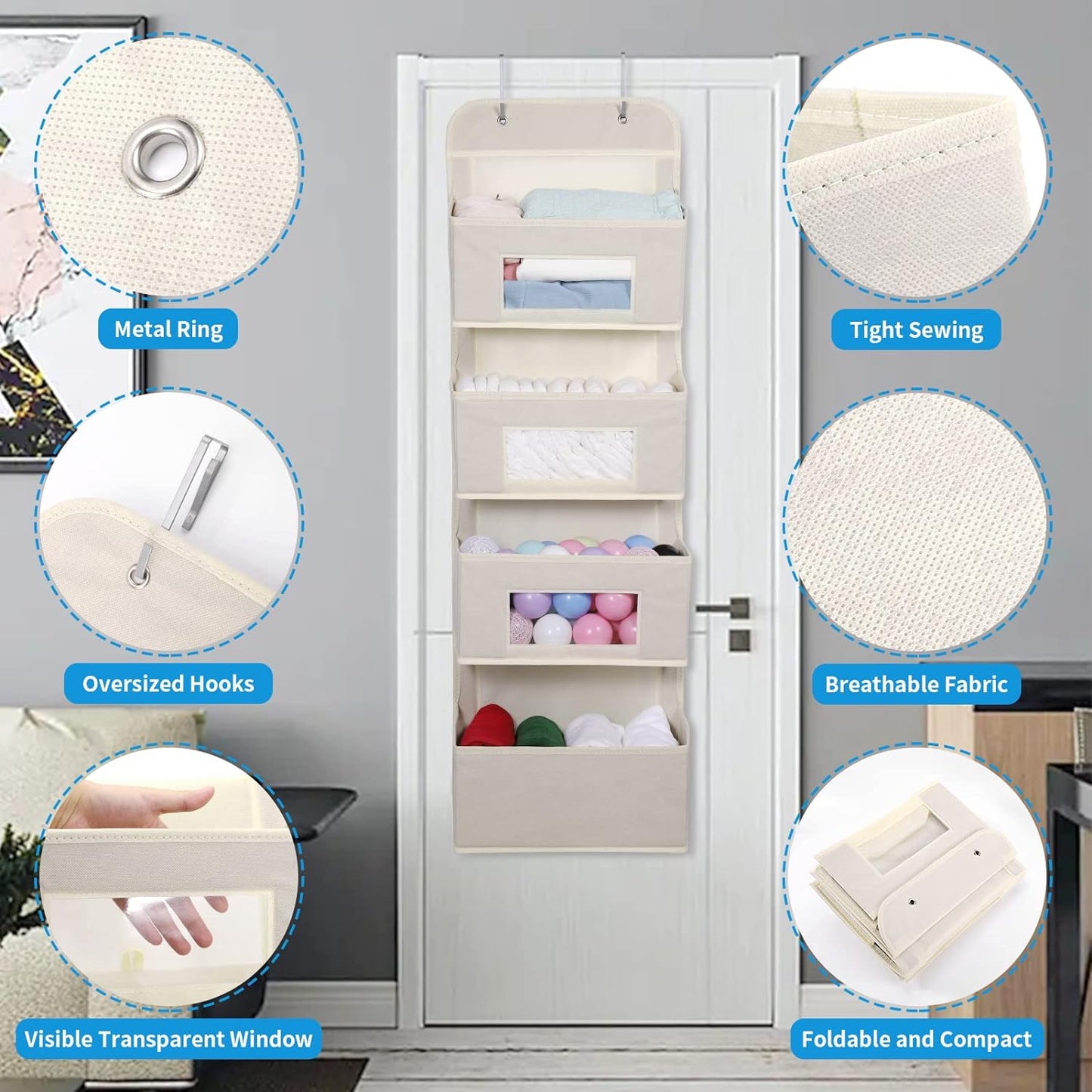 MAX Houser 4-Shelf Over The Door Hanging Organizer with 2 Metal Hooks, 4 Pocket Swing-Proof Behind