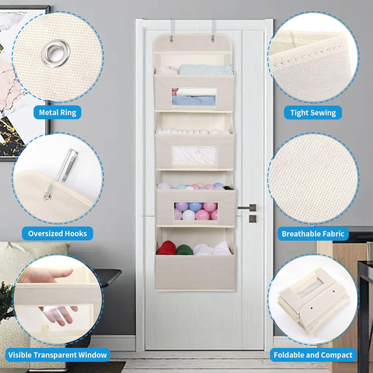 MAX Houser 4-Shelf Over The Door Hanging Organizer with 2 Metal Hooks, 4 Pocket Swing-Proof Behind