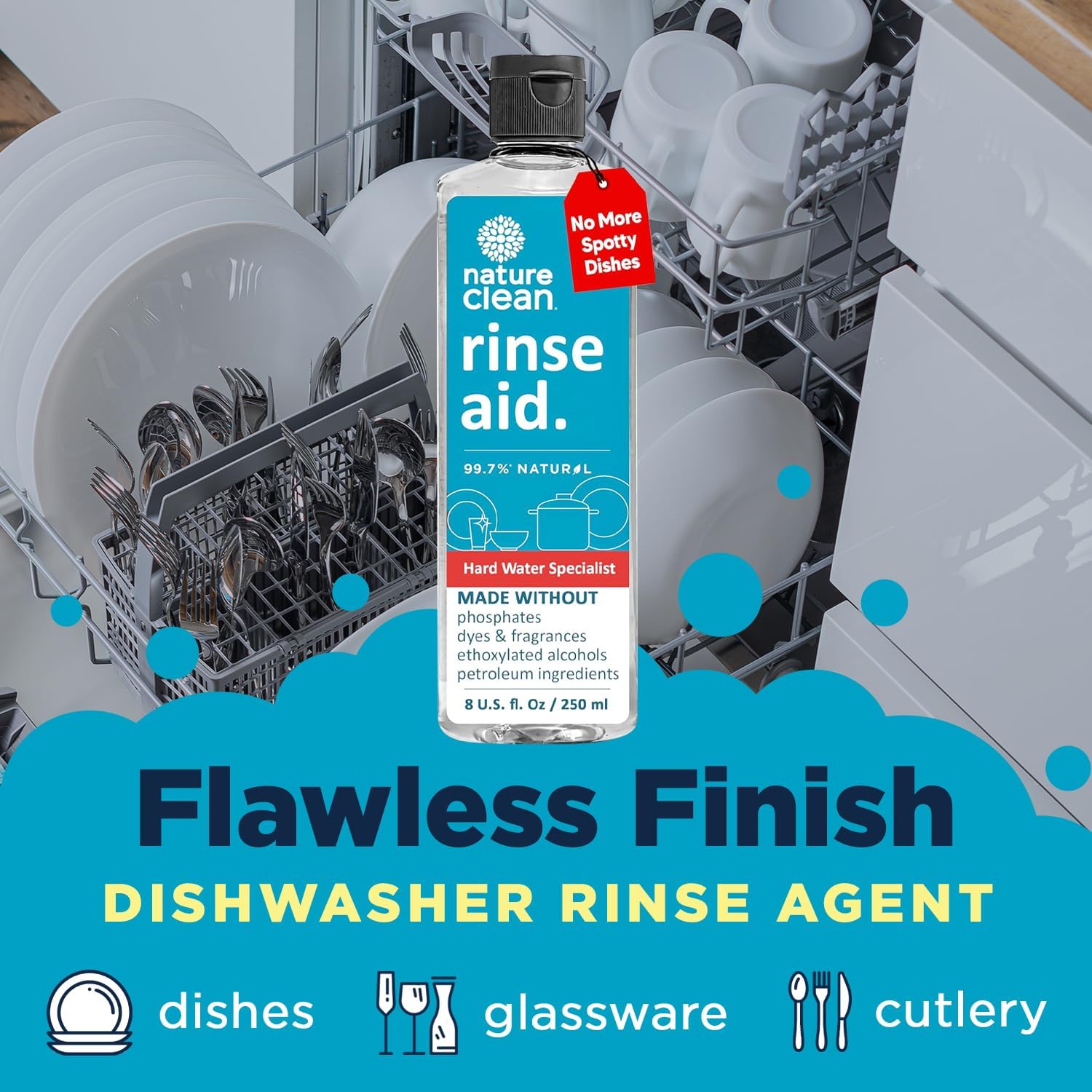 All Natural Dishwasher Rinse Aid Cleaner, Liquid Dishwasher Rinse Agent for Spot-Free Glass &