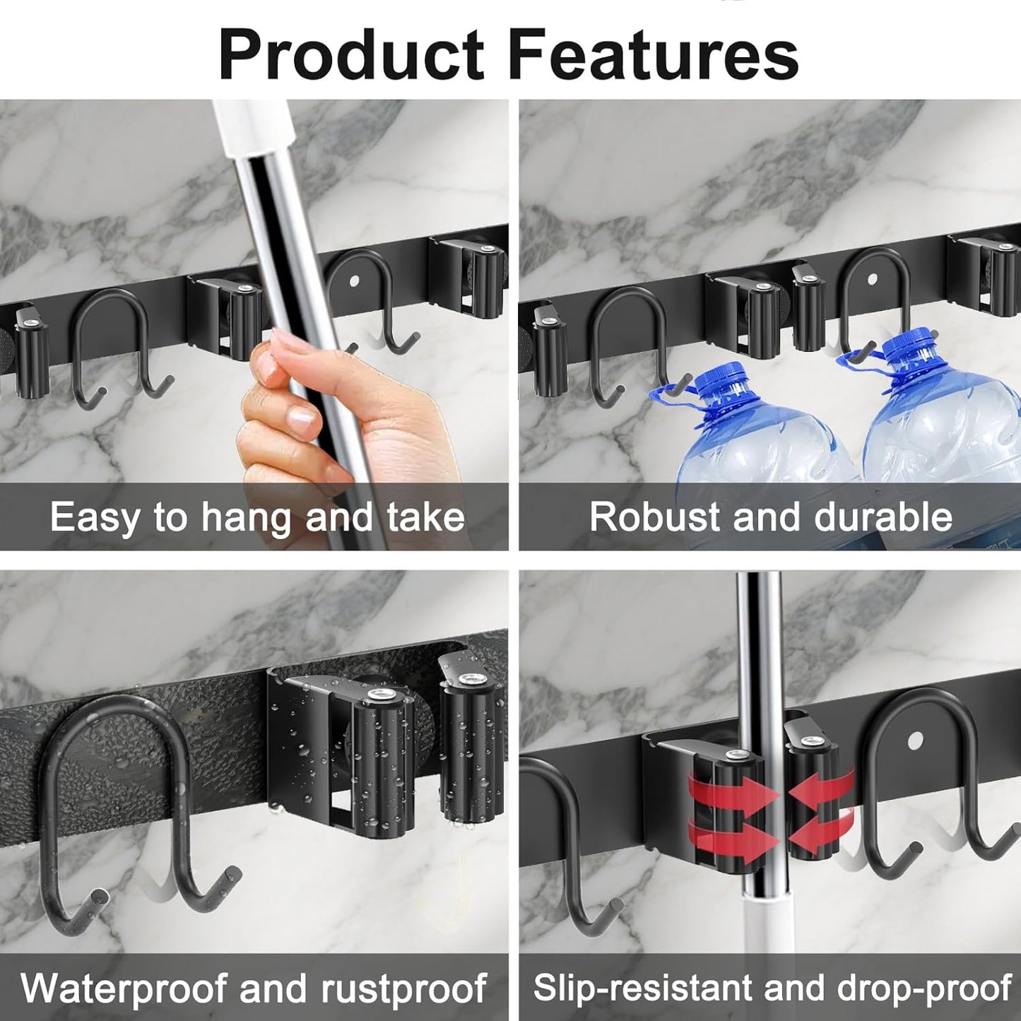 Broom Holder Wall Mount, 2 Packs Black Stainless Steel Tool Storage Organizer for Kitchen Garden