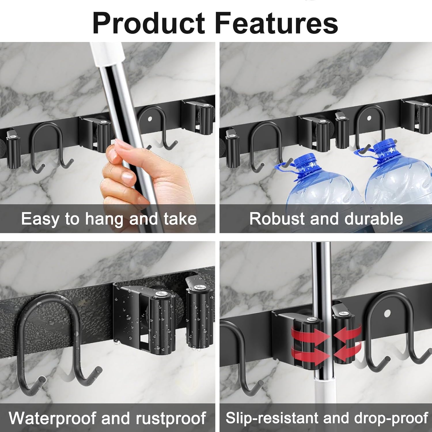 Broom Holder Wall Mount, 2 Packs Black Stainless Steel Tool Storage Organizer for Kitchen Garden