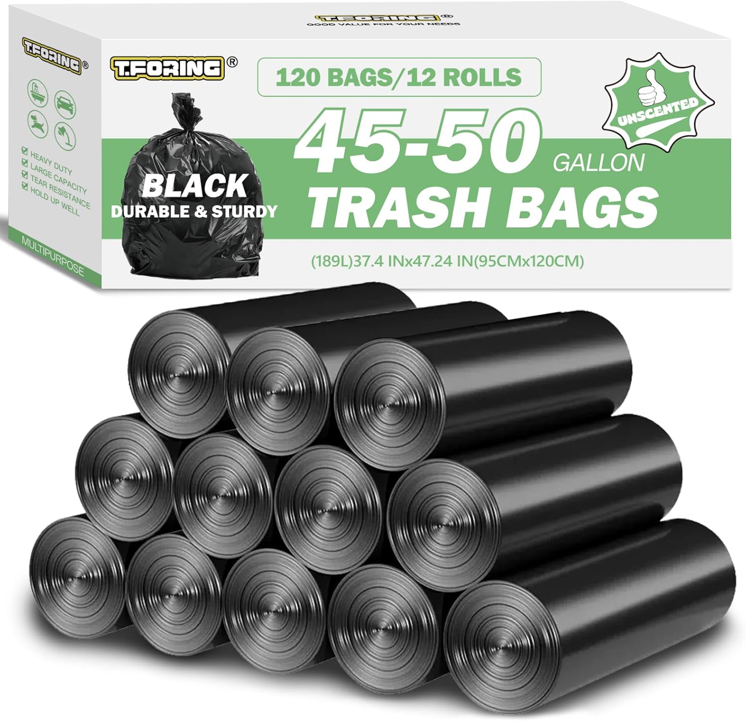 45-50 Gallon Black Trash Bags 120 Count - 38''x47'' Large Garbage Bags Unscented, 40+ Gallon Trash