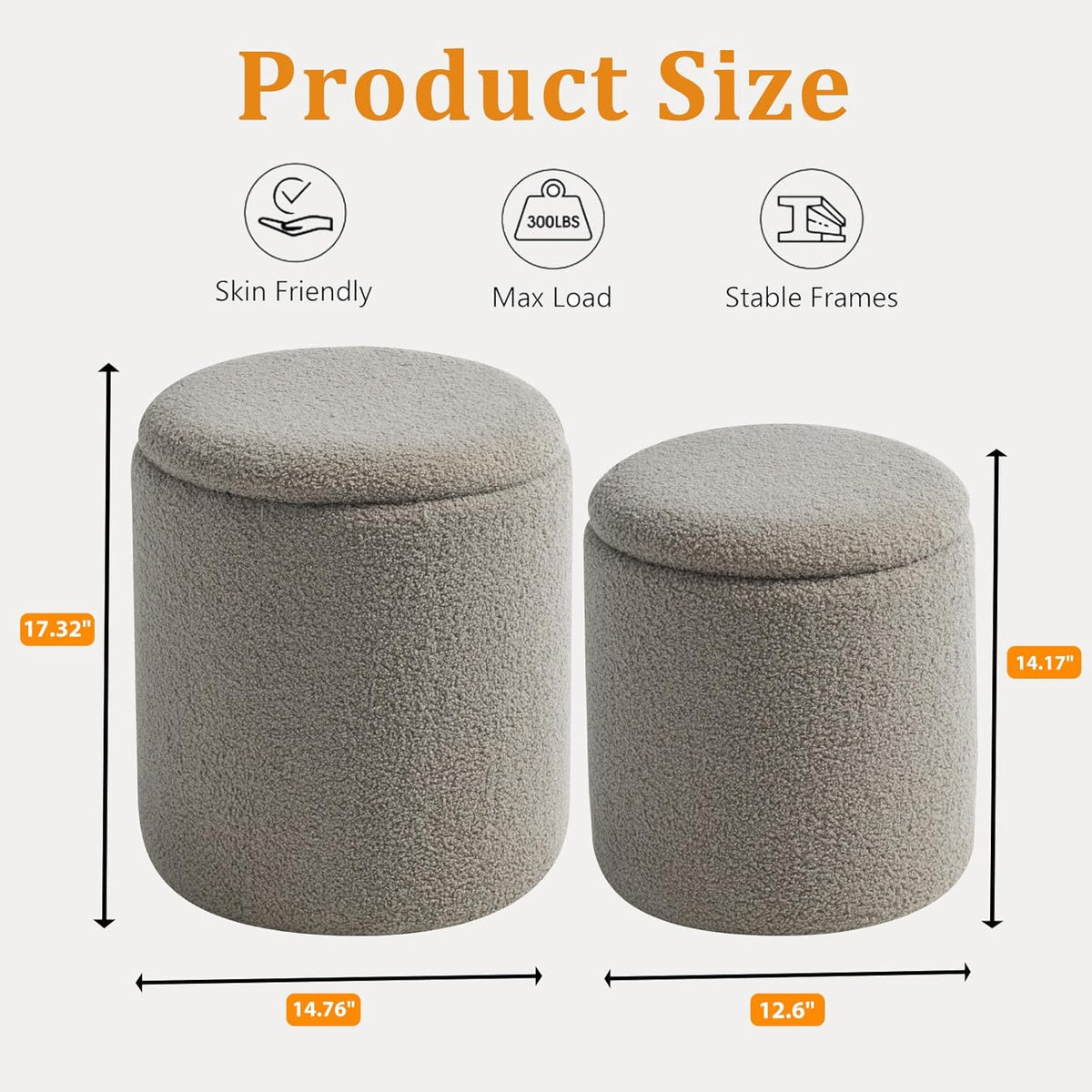 Round Ottoman with Storage Set of 2-Upholstered Sherpa Vanity Stool for Makeup Multifunctional