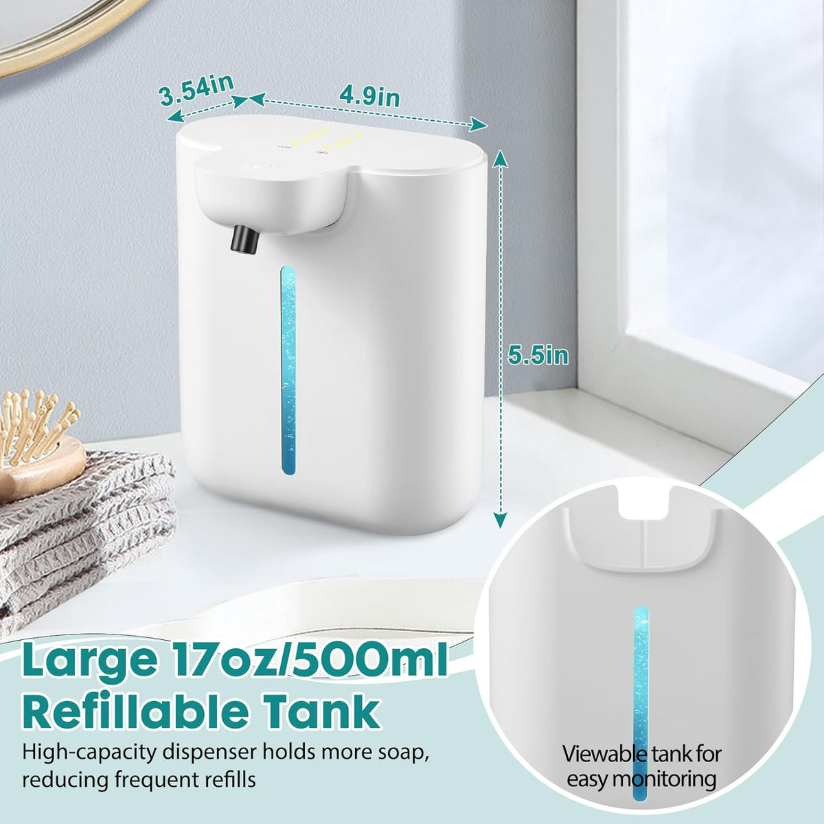 Automatic Soap Dispenser, 17oz/500ML Large Capacity Touchless Foaming Hand Soap Dispenser with 4