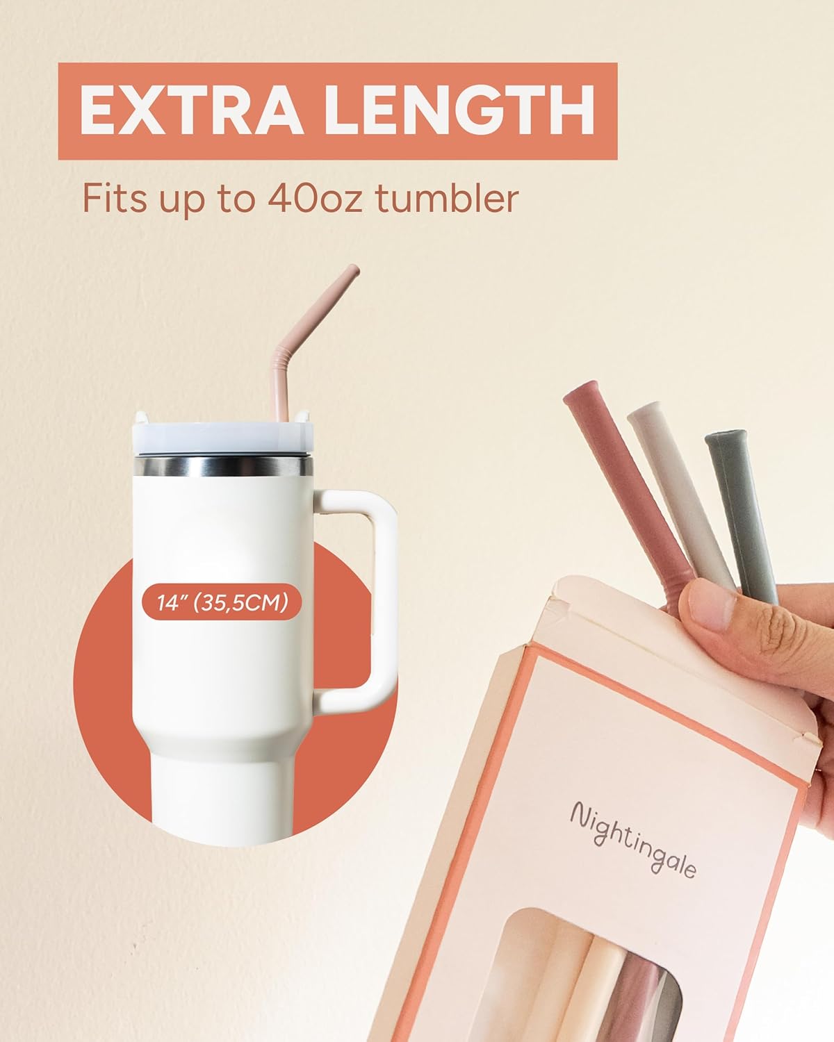 Nightingale 14” Silicone Tumbler Straws - Compatible with Stanley 40 oz cup - Reusable Flexible
