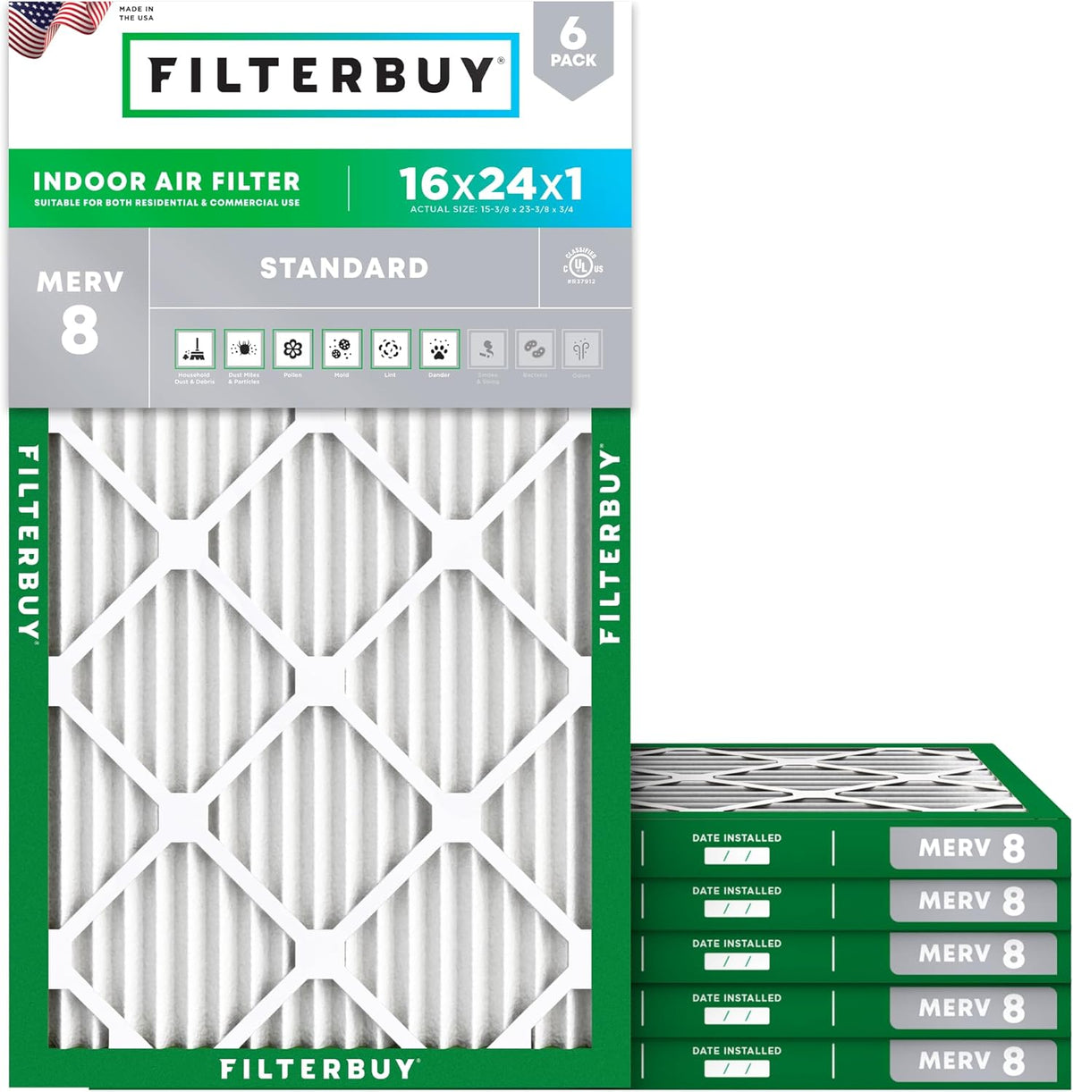 Filterbuy 16x24x1 Air Filter MERV 8 (MPR 700) Dust Defense Replacement (6-Pack), Electrostatic