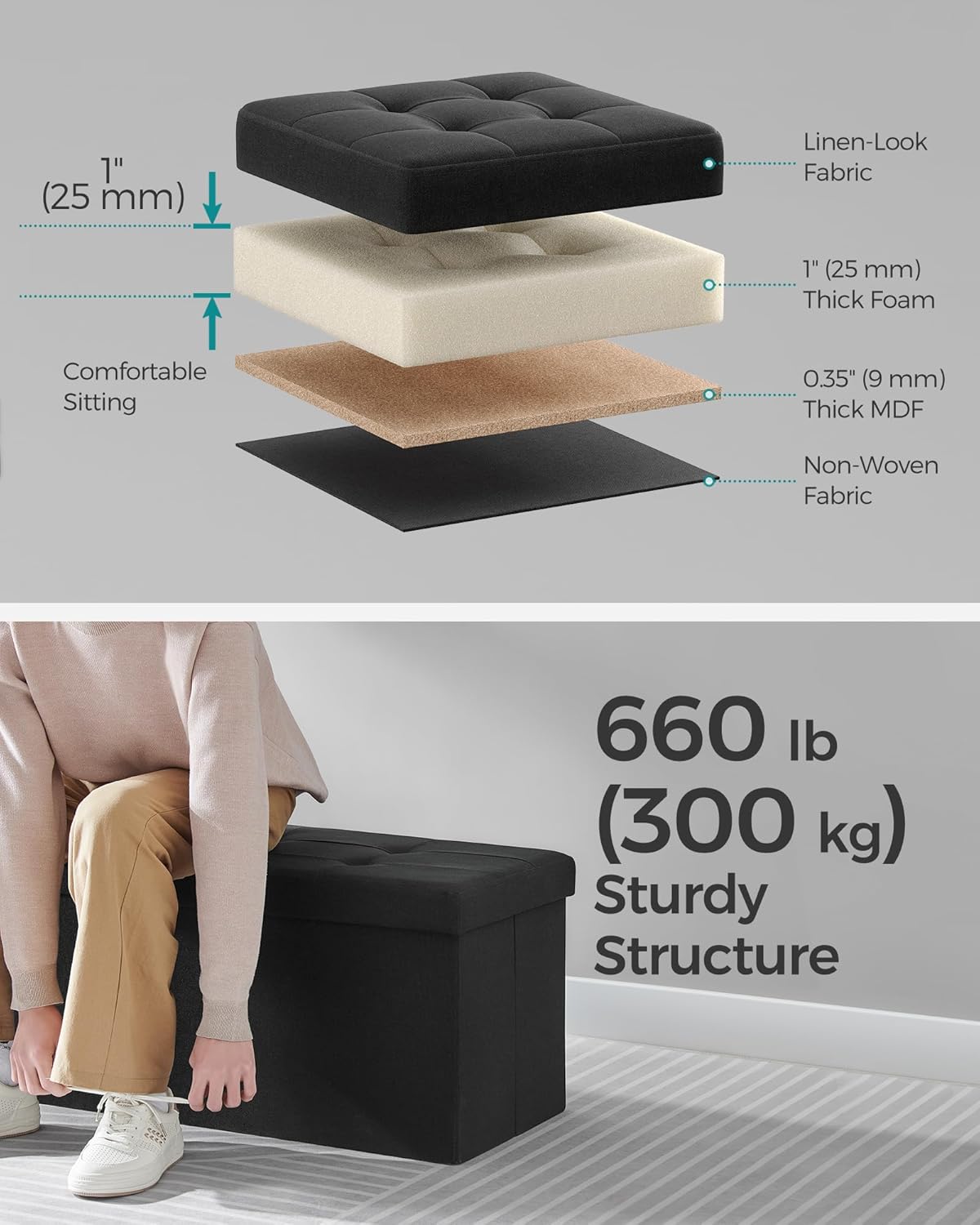 SONGMICS Mazie Collection - 43 Inches Storage Ottoman, Foldable Storage Bench with Flipping Lid
