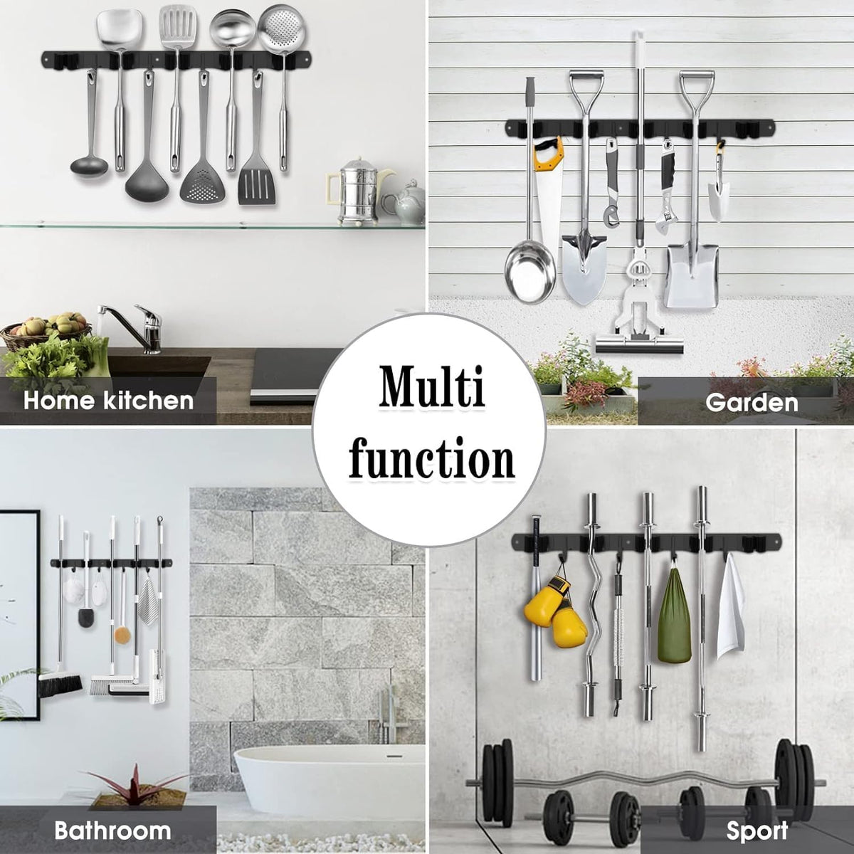 Black 5 Racks and 4 Hooks Mop and Broom Holder Wall Mount, Broom Organizer Storage Tool Racks