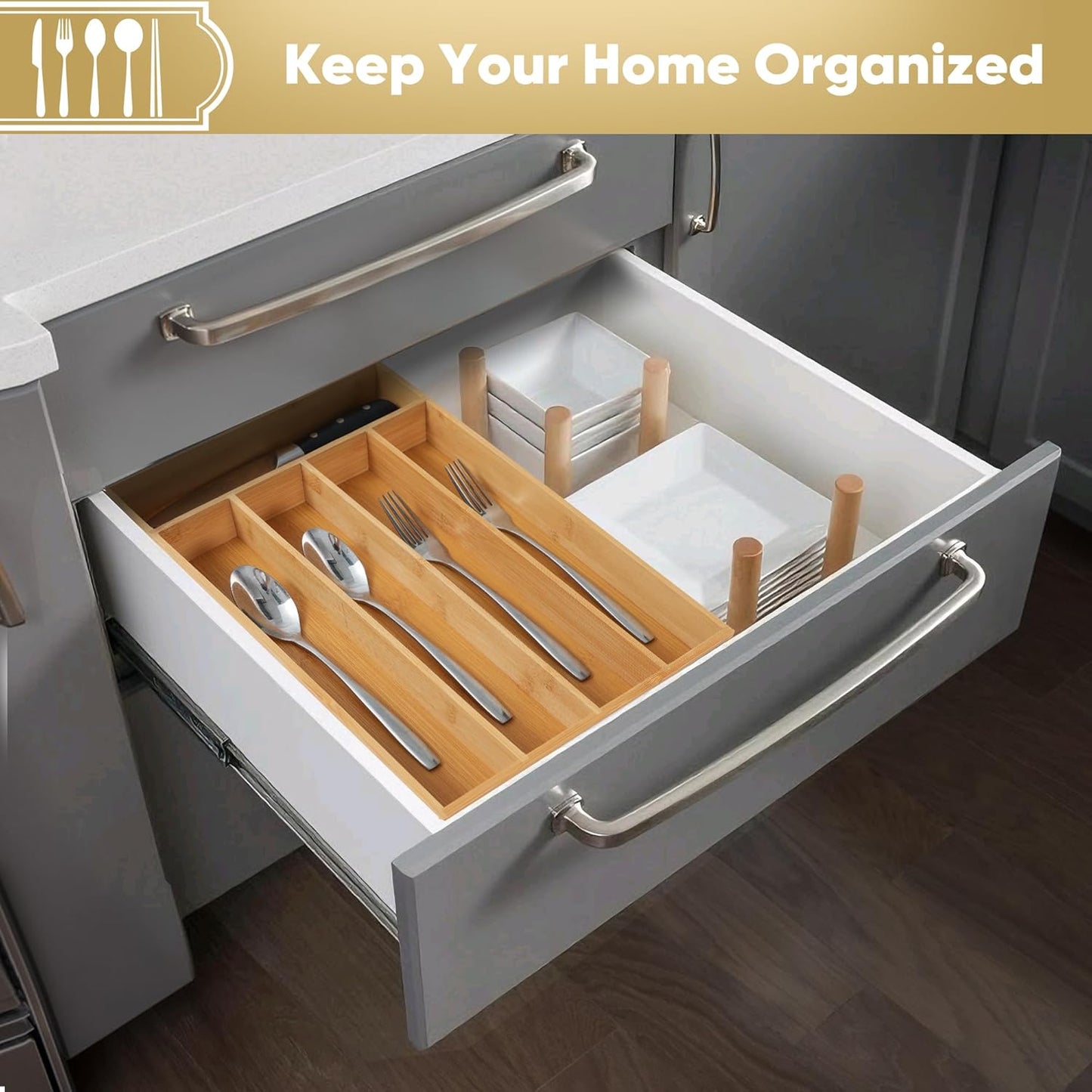 Silverware Organizer, 10 Inch Utensil Organizer Kitchen Drawer Organizer Bamboo Silverware Holder
