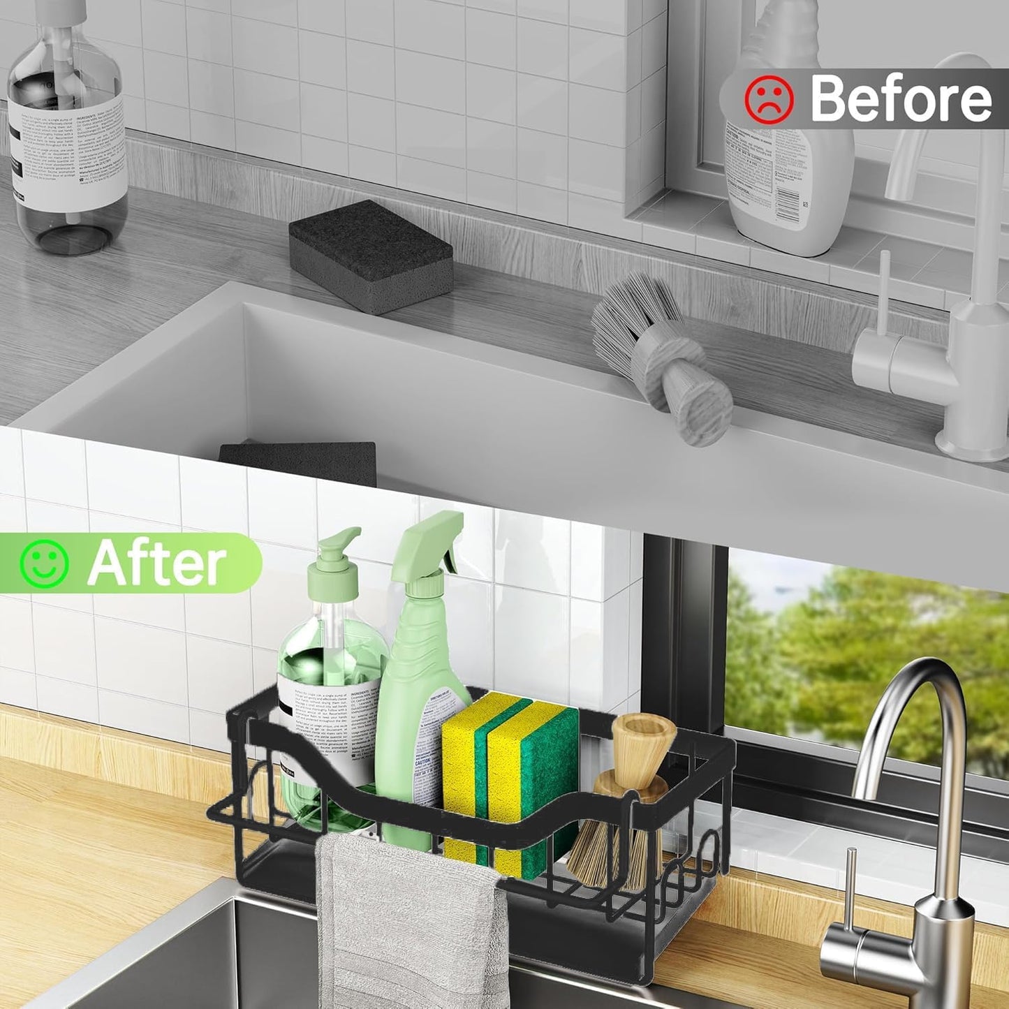 Sponge Holder for Kitchen Sink - Sink Caddy Organizer with Auto Drain Tray, Detachable Towel Rack