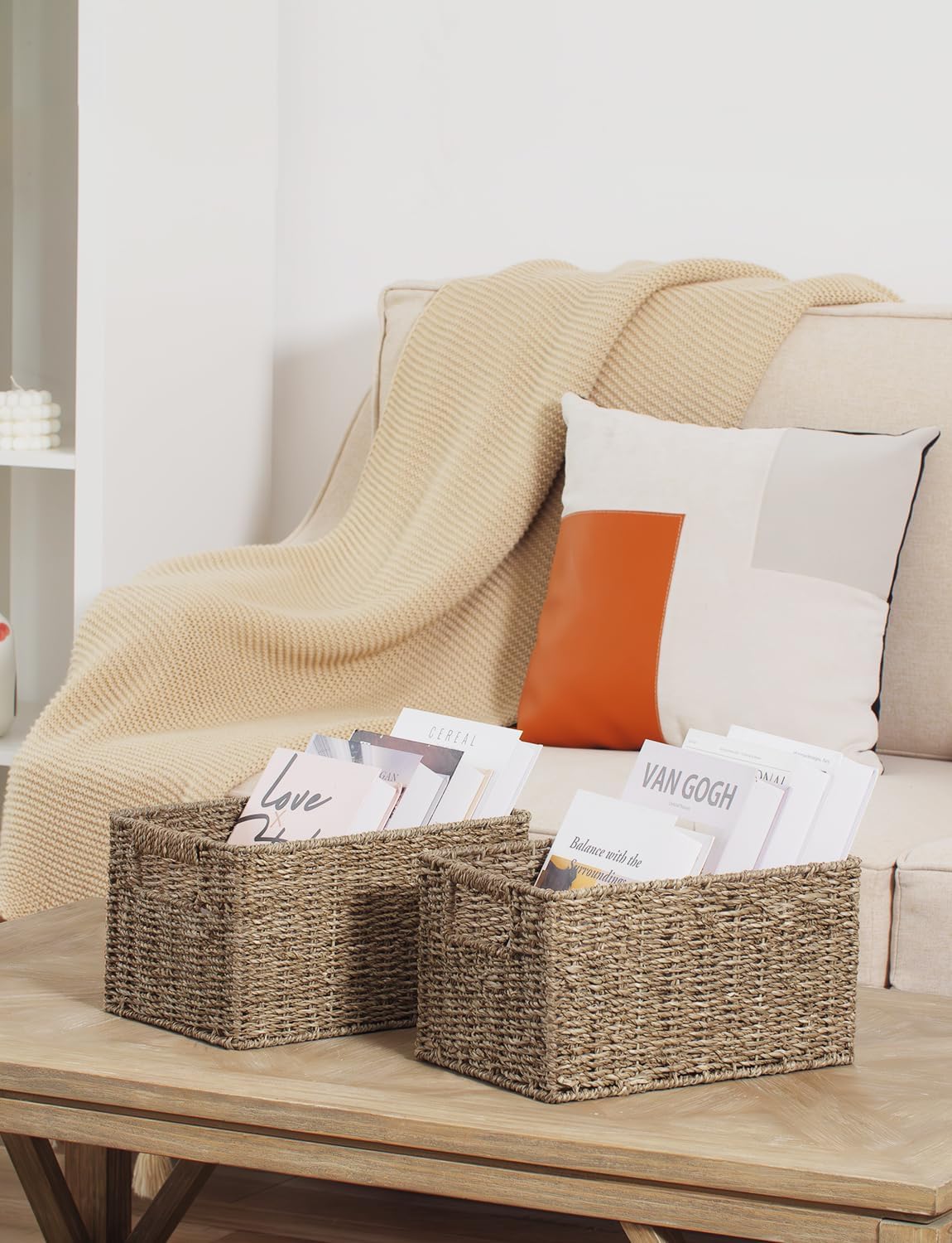StorageWorks Wicker Storage Basket for Organizing, Medium Seagrass Storage Baskets with Built-in