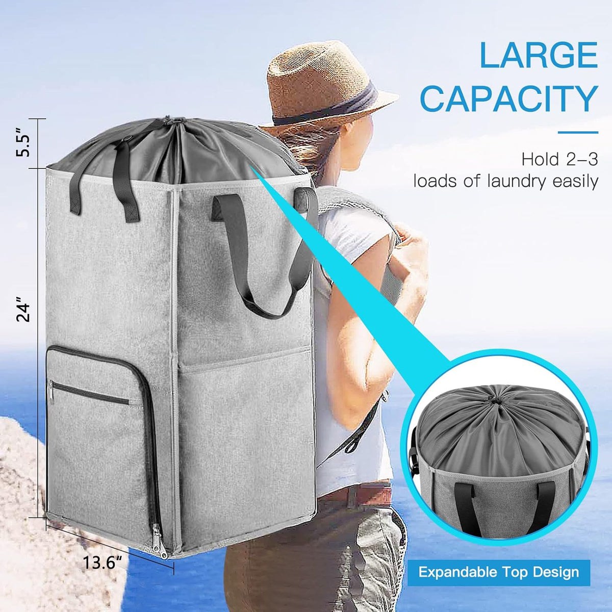 Laundry Backpack Bag, Bukere Extra Large 2 in 1 Laundry Hamper Basket for College Students Dorm