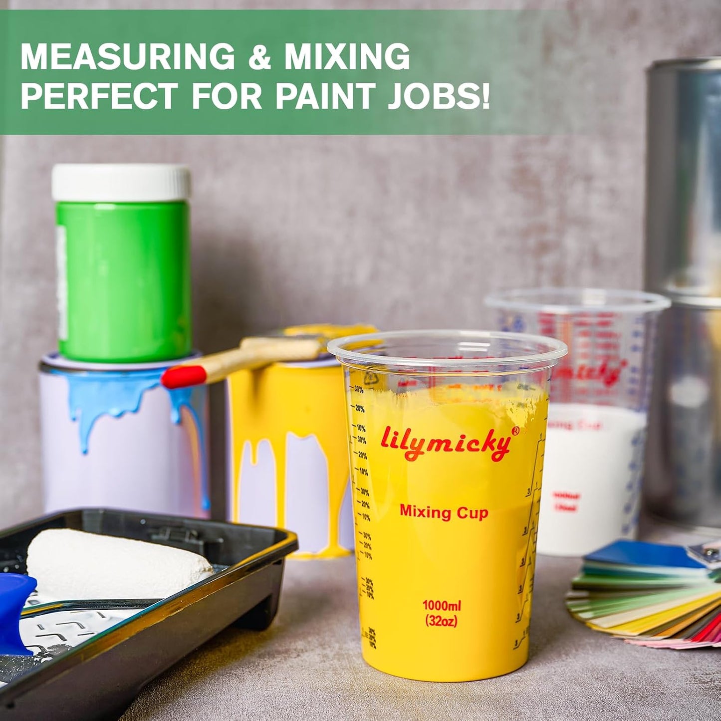 25 PACK Plastic Measuring Cups, 32 oz (1000ml) Disposable Mixing Cups, Measurement ratios: 2:1