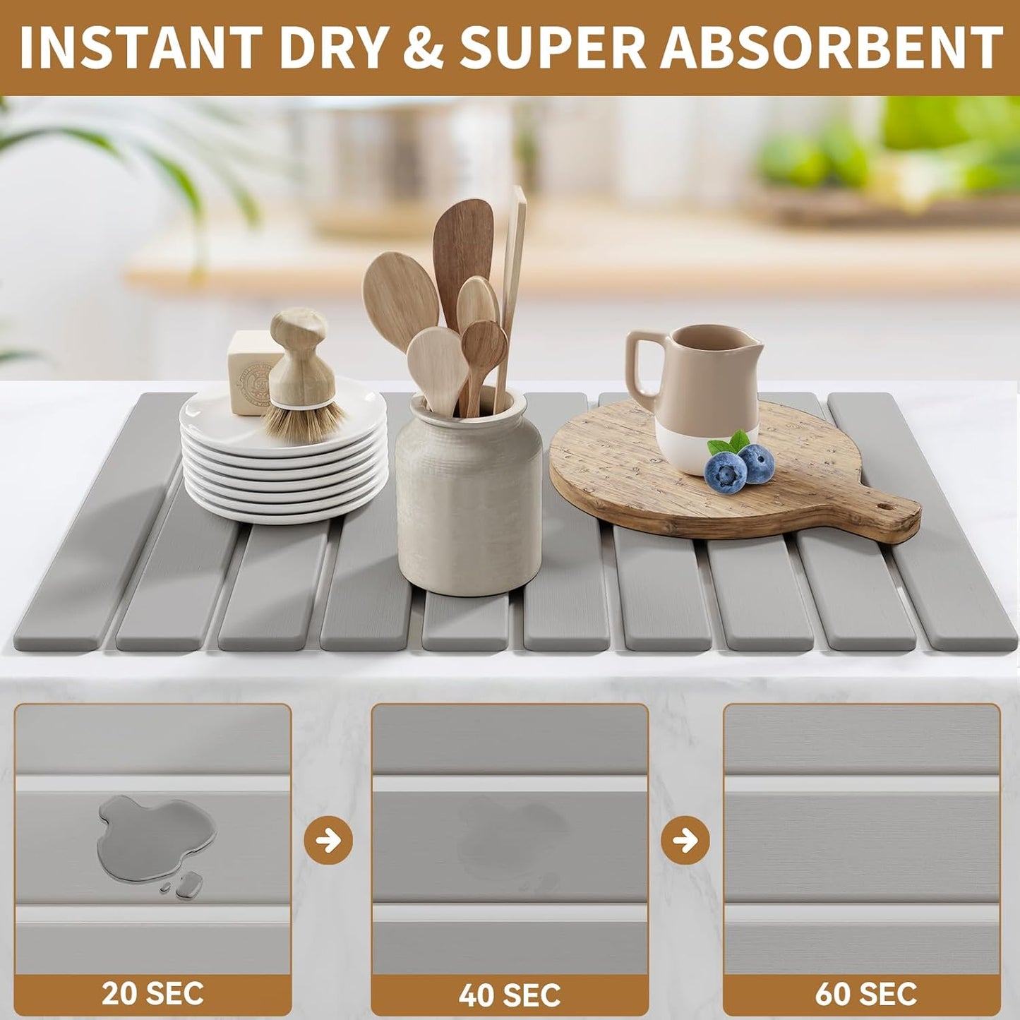 Stone Dish Drying Mats for Kitchen Counter-23.6''x15.3'' Foldable Quick Dry Stone Mat