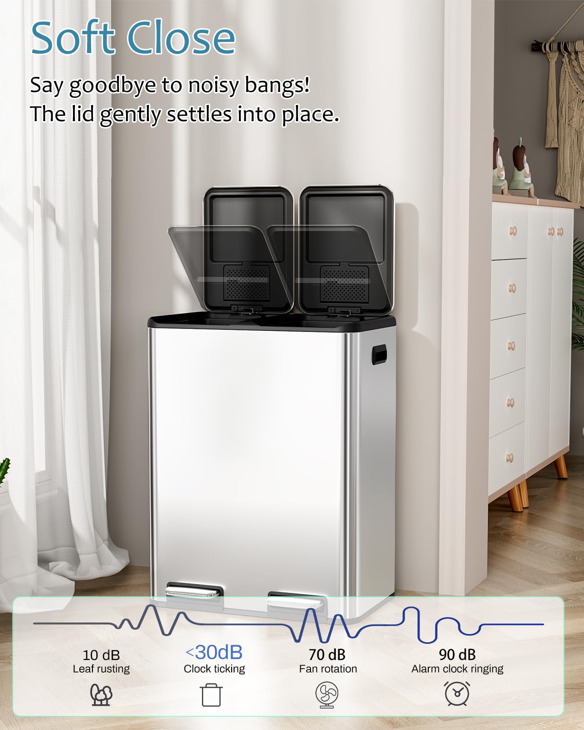16 Gal (2 x 30 L) Dual Trash Can, Stainless Steel Kitchen Garbage Bin, Recycle Dustbin with Odor