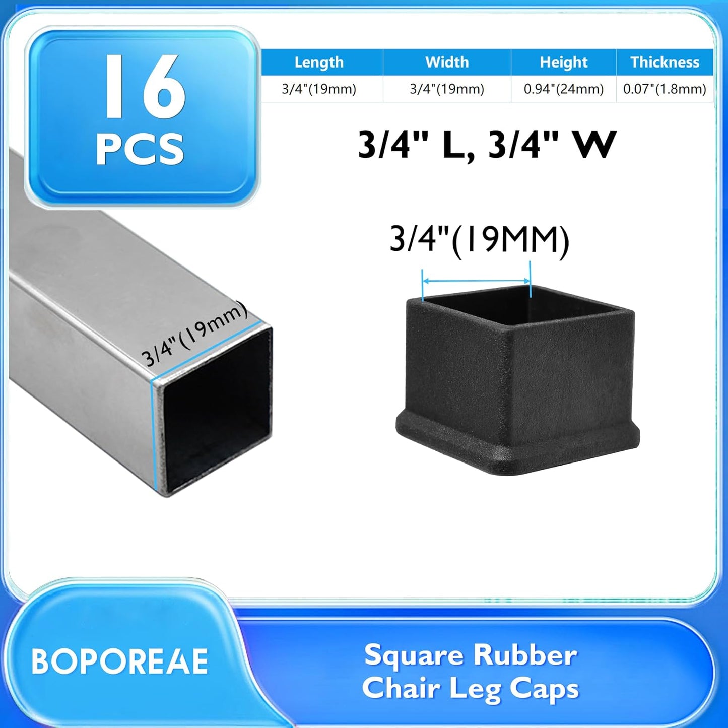 16 Pcs 3/4" x 3/4" Square Rubber Chair Leg Caps, PVC Table Leg Covers, Flexible & Anti-Slip