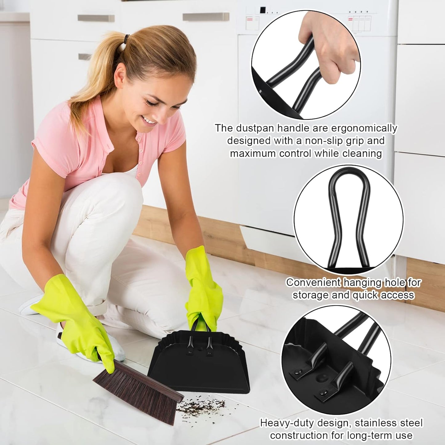 Heavy Duty Black Metal Dust Pan -Handheld Dustpan with Handle, Stainless Steel Large Dustpans with