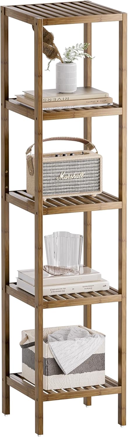 SMIBUY Bathroom Storage Shelf, 5-Tier Bamboo Rack Organizer, Multifunctional Shelving Unit for