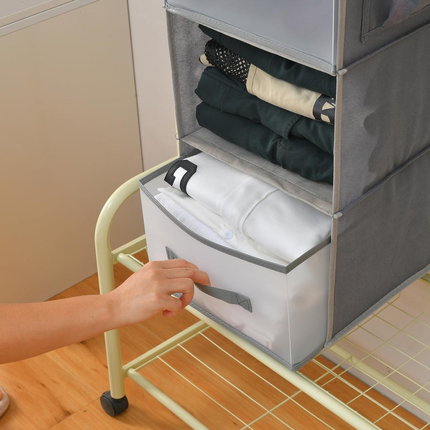 5-Tier Hanging Organizer for Closet, Fabric Closet Organizer with 2 Hooks, 2 Pull-Out Drawers