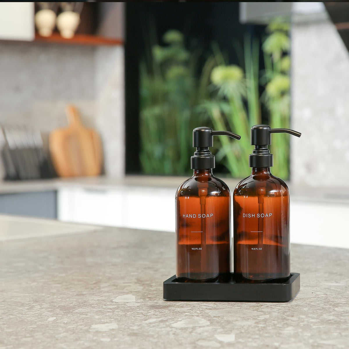 Amber Soap Dispenser Set, Soap Dispenser for Kitchen Sink with Black Stainless Steel Pump, Perfect