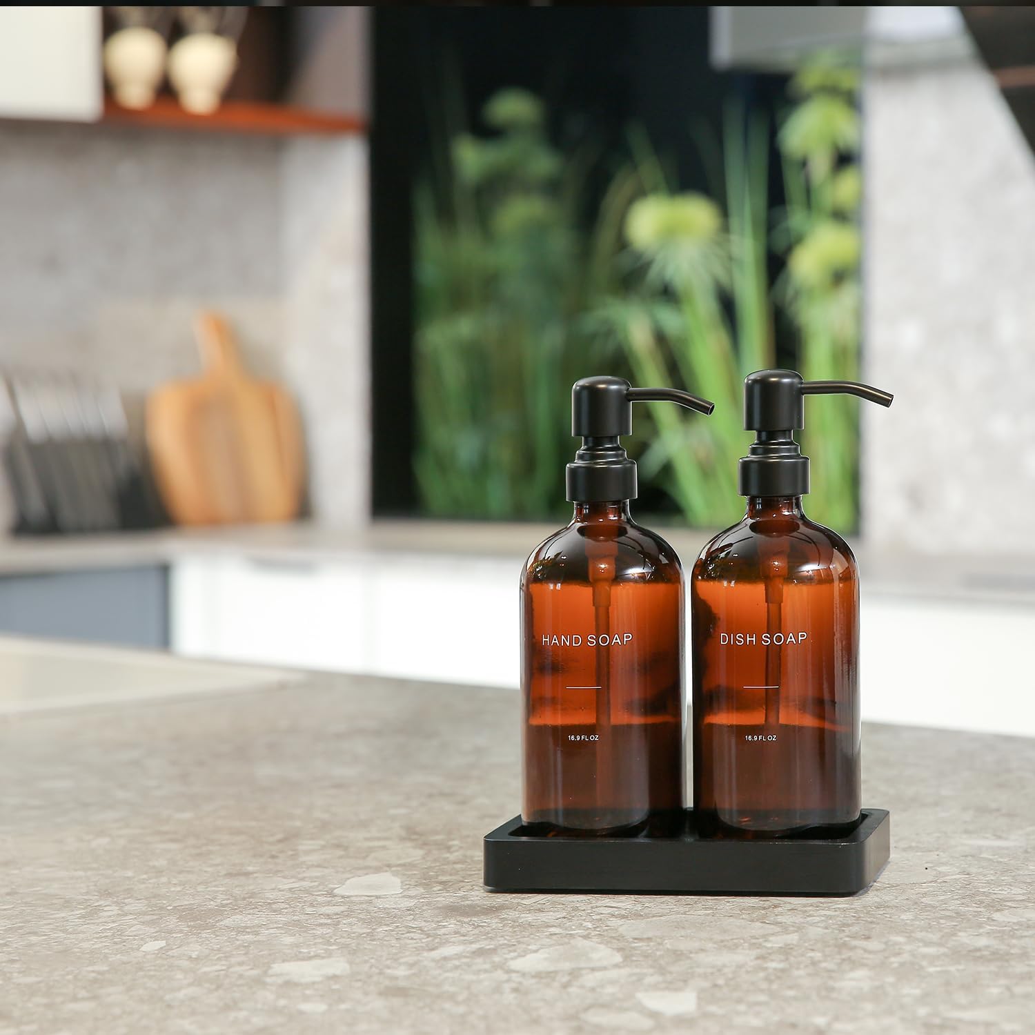Amber Soap Dispenser Set, Soap Dispenser for Kitchen Sink with Black Stainless Steel Pump, Perfect