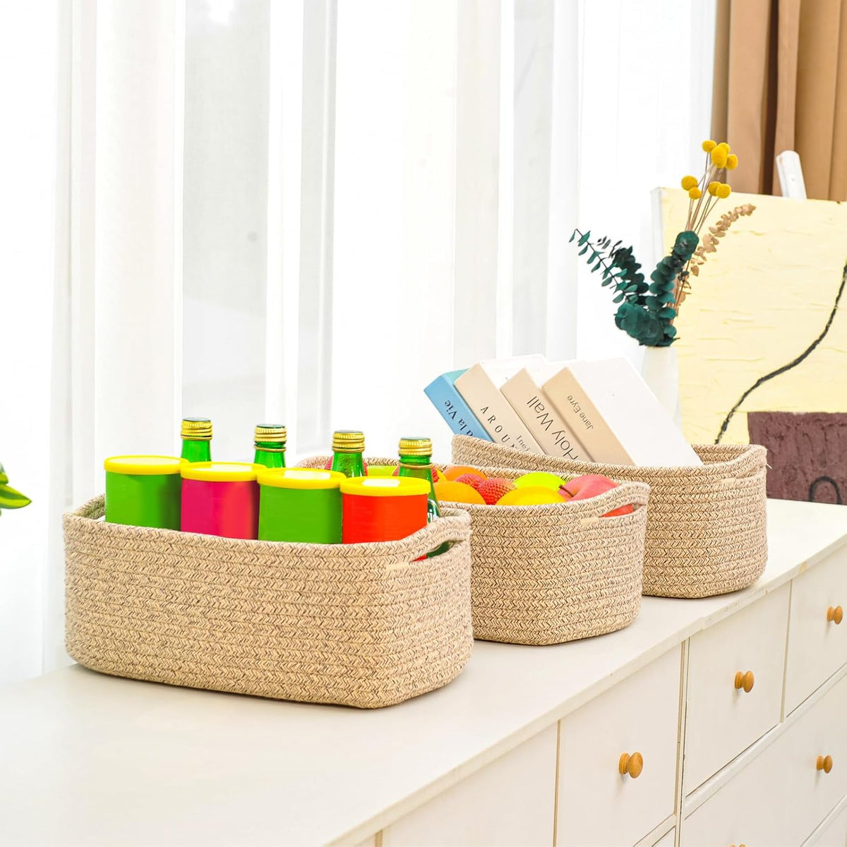 Small Baskets for Organizing, Woven Storage Baskets for Shelves, Small Rope Basket for Storage