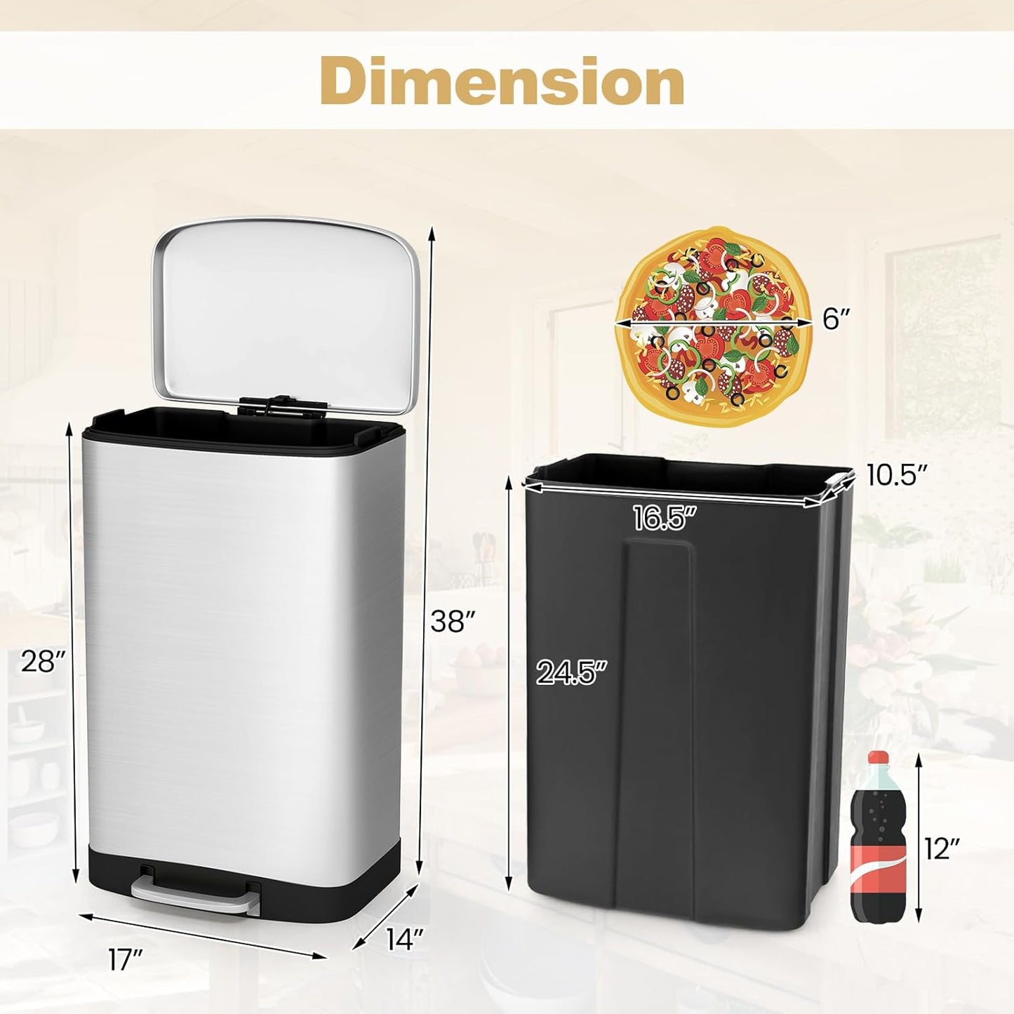 S AFSTAR 13.2 Gal Step Trash Can, 50 Liter Stainless Steel Pedal Trash Bin W/Lock Device & Soft