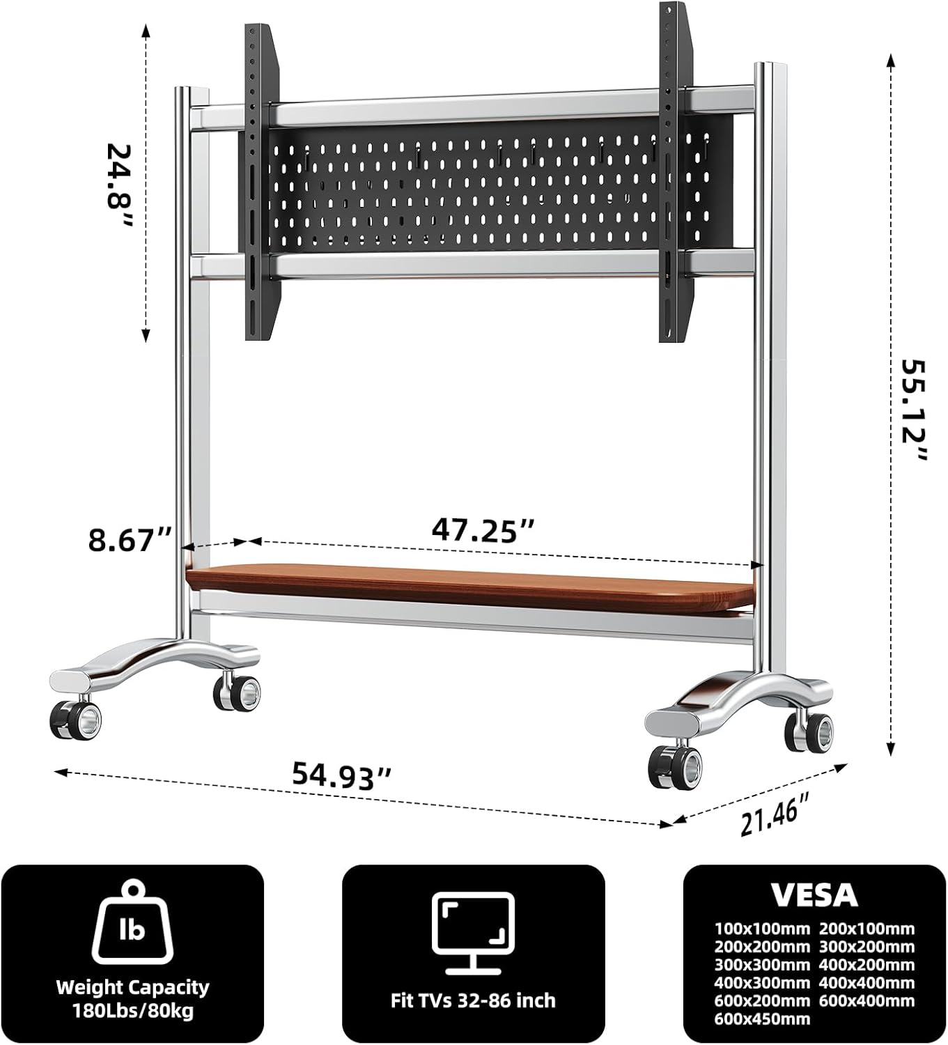 Stainless Steel Art Rolling TV Cart, Mobile TV Stand for 65-110inch TVs, Heavy Duty TV Stand with