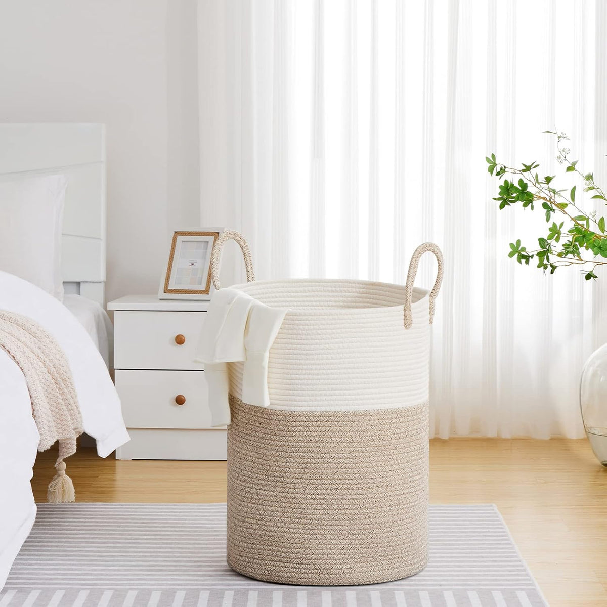 VIPOSCO Large Laundry Hamper, Tall Woven Rope Storage Basket for Blanket, Toys, Dirty Clothes in