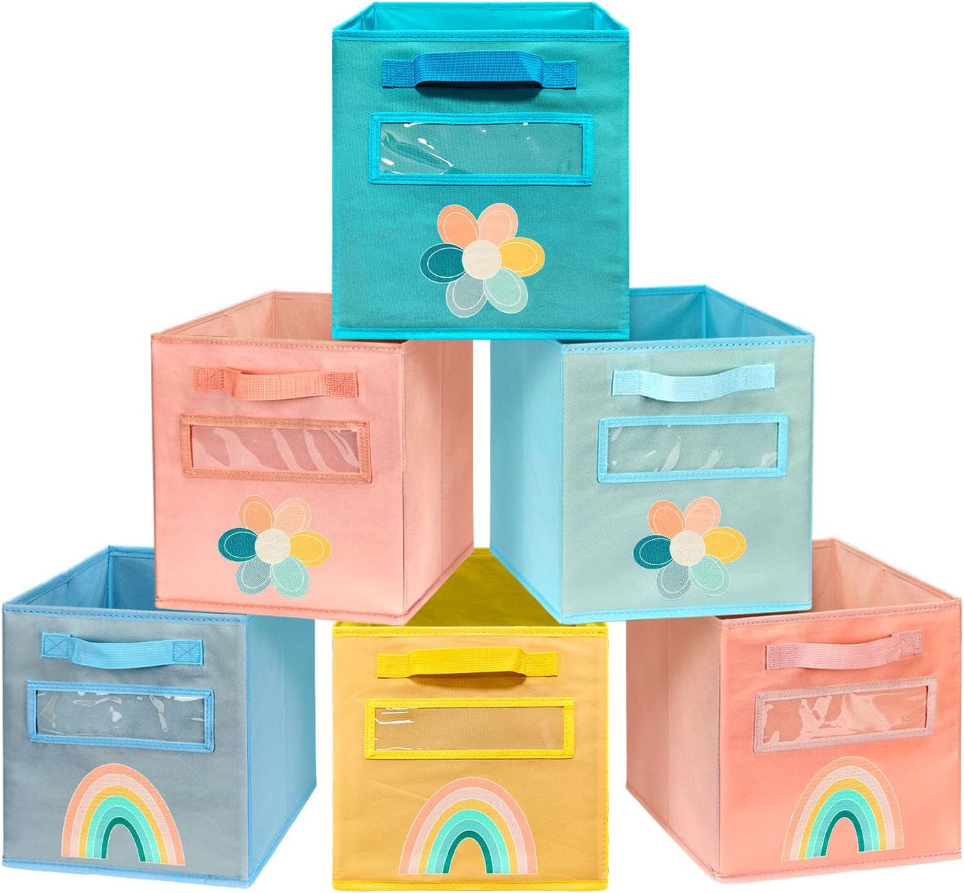 Cube Storage Bins, 6 Pack 11 Inch Fabric Storage Bins with Handle and Label Window, Foldable