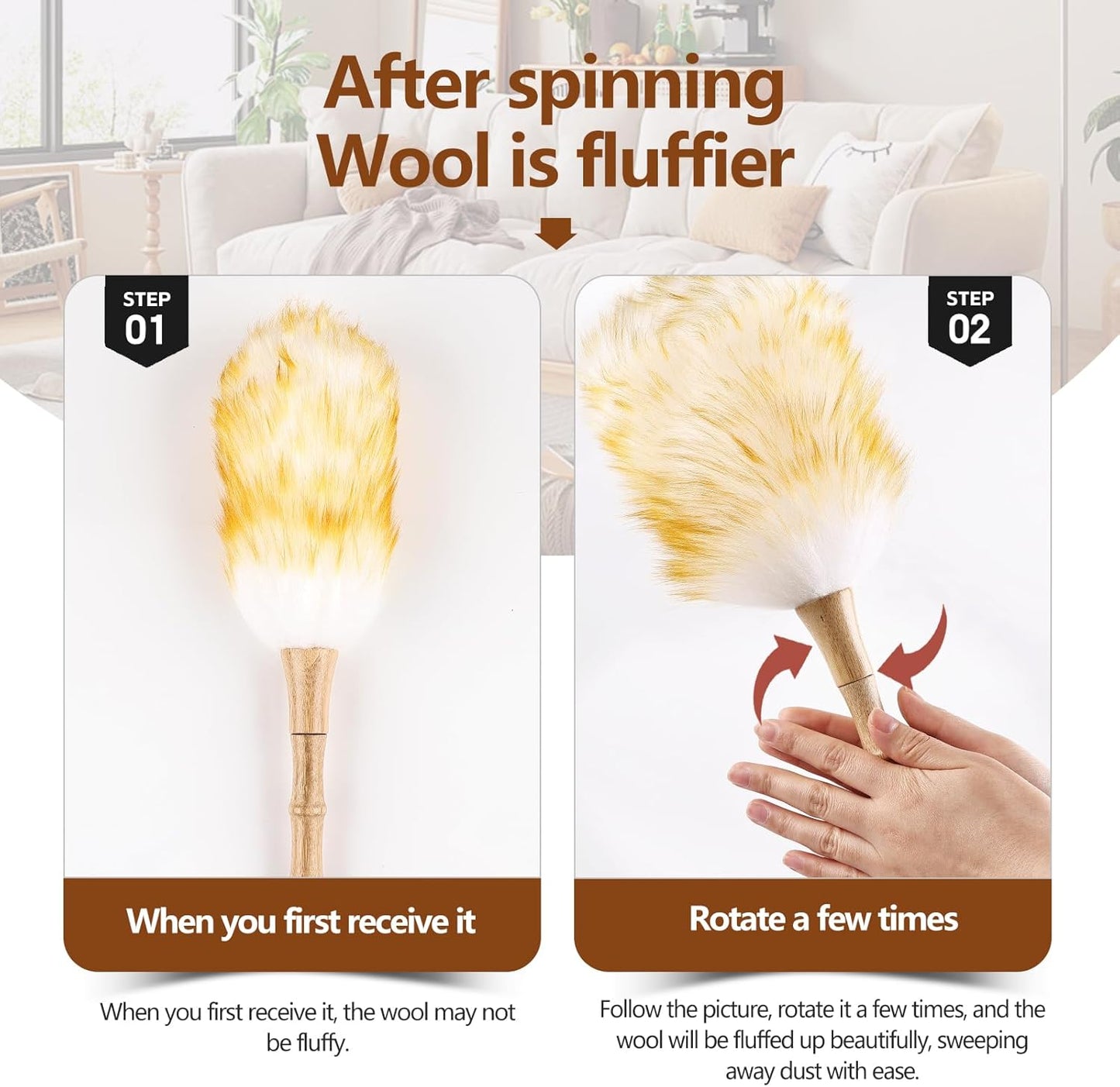 Lambswool Duster for Cleaning with Solid Wooden Handle Leather Hang Strap 14.9 inch Natural Feather