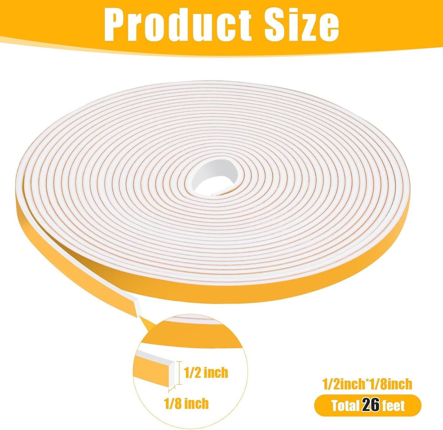 26Feet Weather Stripping Seal (1/2 Inch X 1/8 Inch) for Door Window, High Density Foam Tape