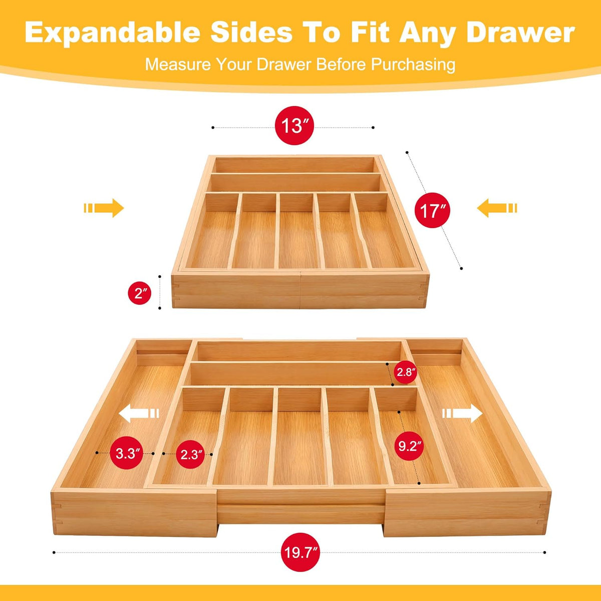 Large Premium Bamboo Silverware Organizer - Expandable Drawer Organizer & Utensil Organizer