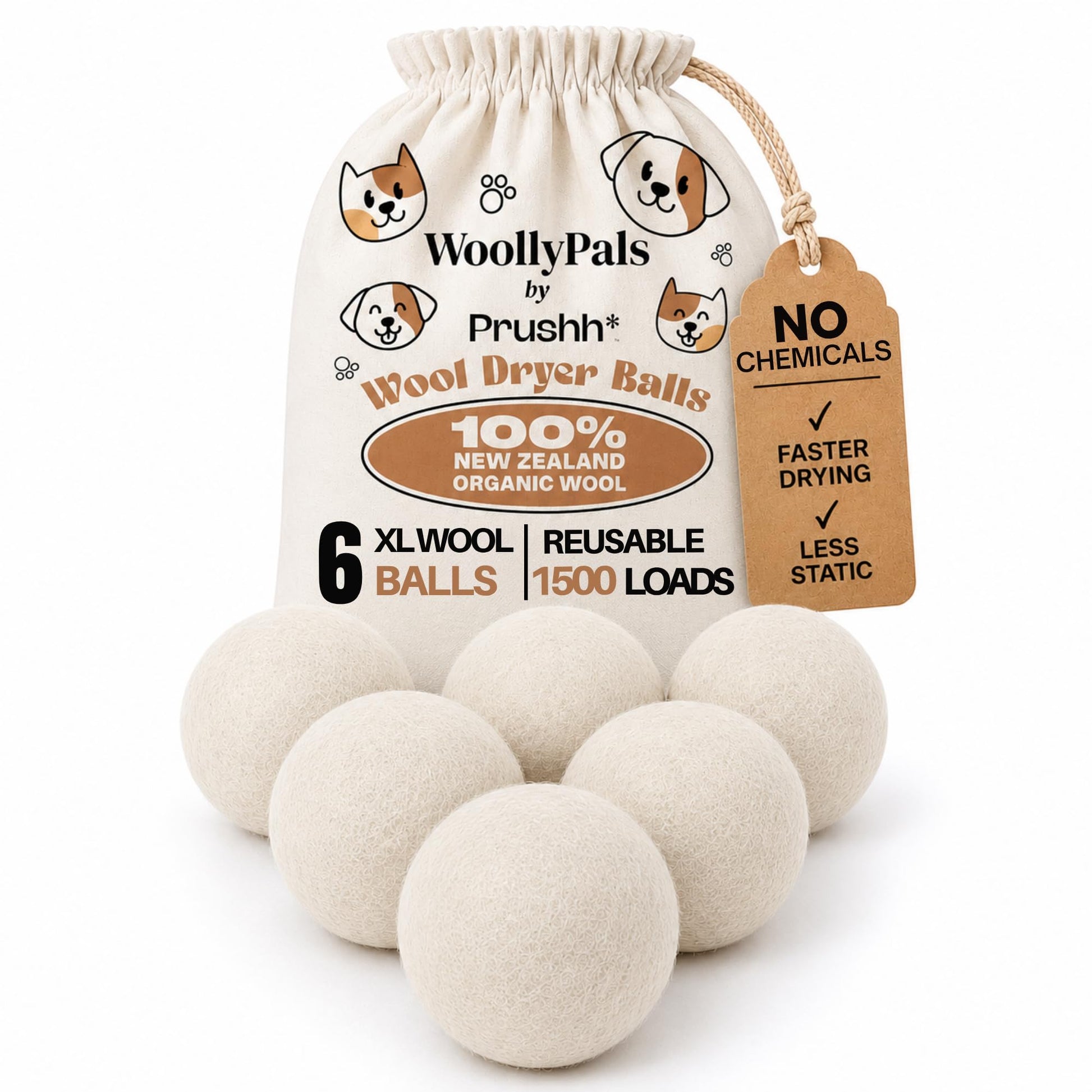 WoollyPals Dryer Balls (6-Pack, XL Size) - 100% New Zealand Wool - No More Dryer Sheets - Eco Dryer