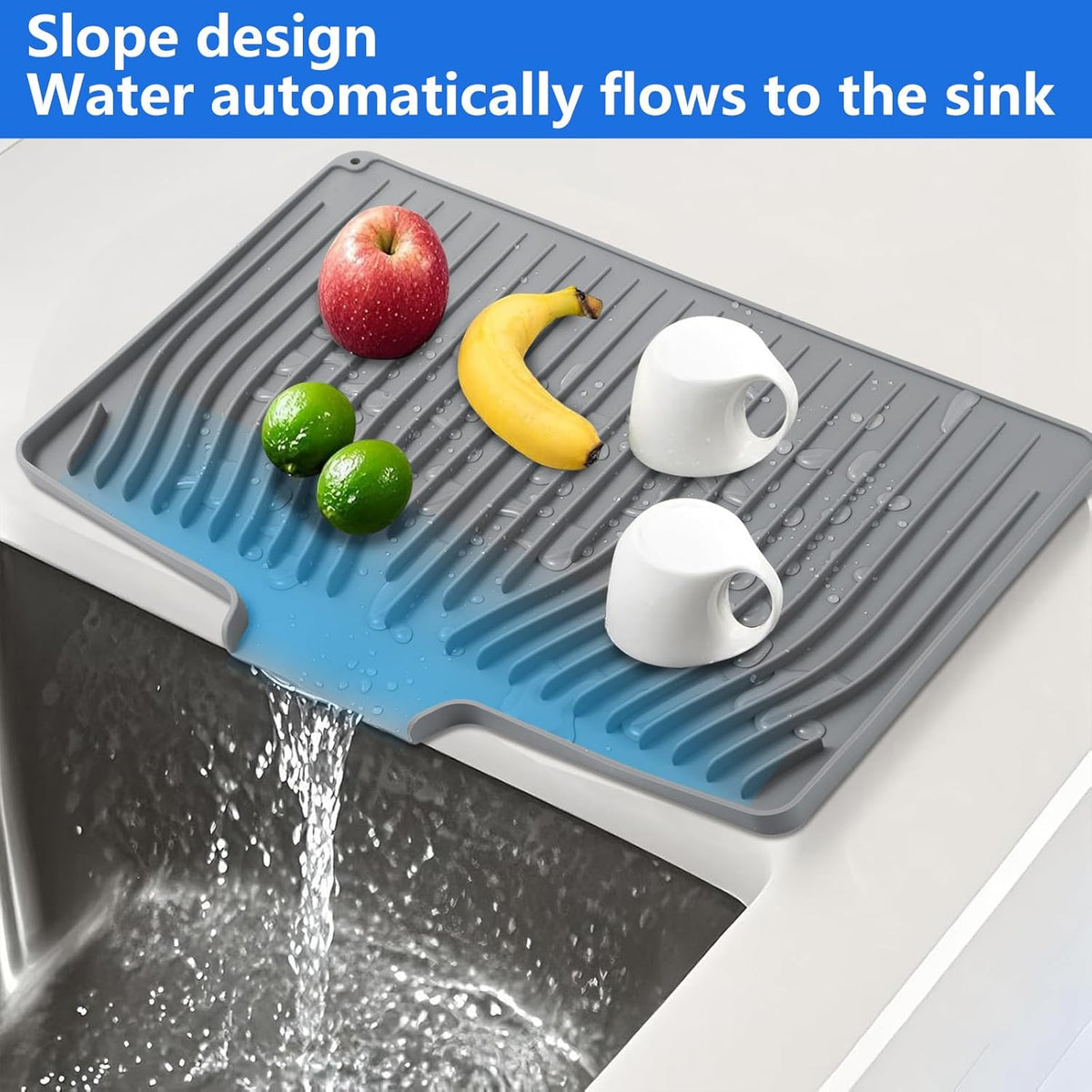 Silicone Dish Drying Mat for Kitchen Counter, Dish Drainer Mat, Non-Slip Drying Pad with Built-in