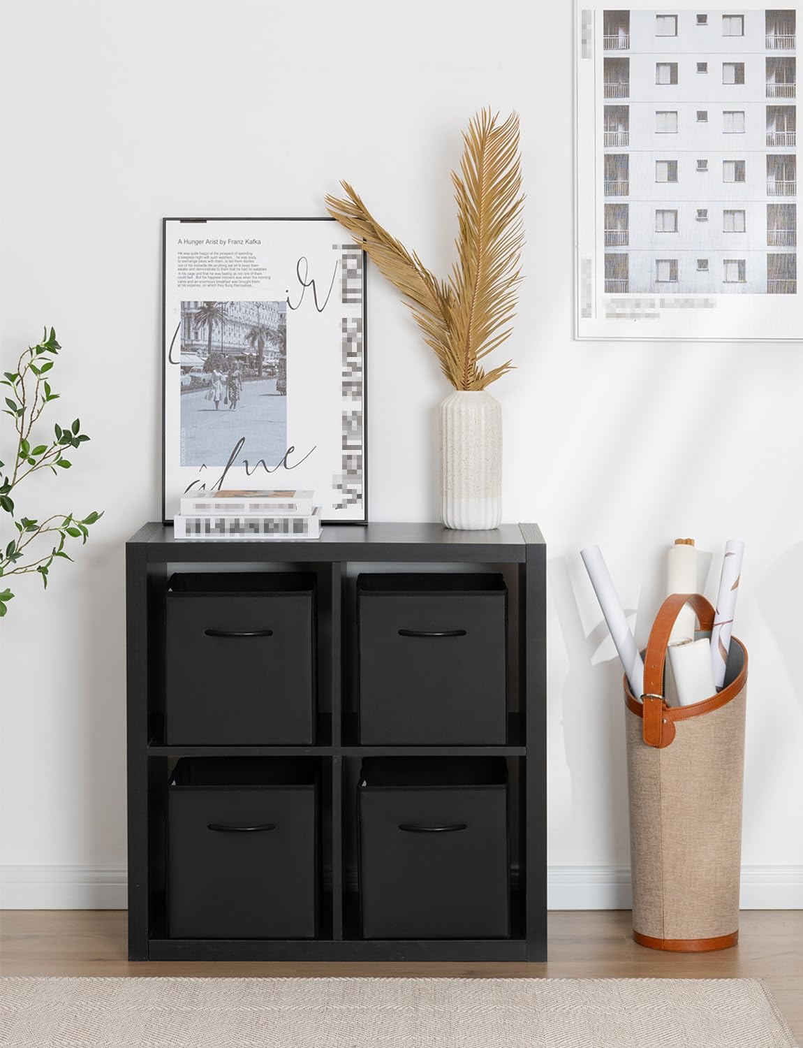 StorageWorks Black Storage Cubes, 11-inch Leather Bins with Handle, Cube Organizer Baskets for