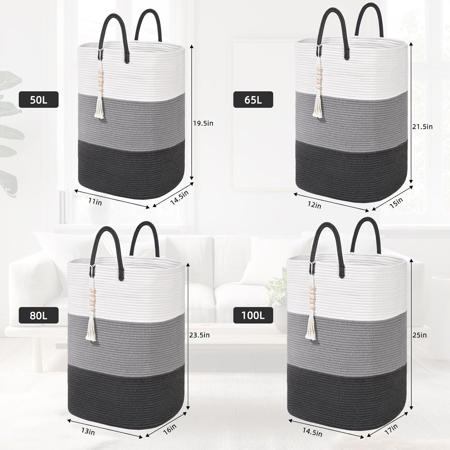 Woven Laundry Basket for Clothes,65 L Large Rectangle Laundry Hampers with Beads Tassel, Nursery